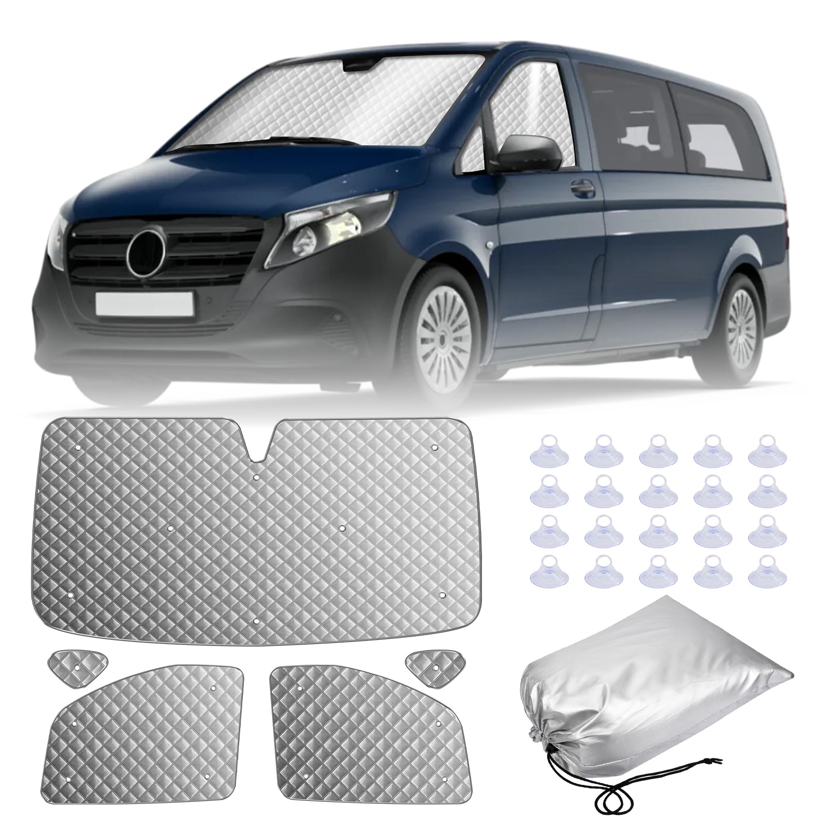 MaxAwe Lot de 5 stores thermiques Vito W447 2014-2024, pare-soleil de luxe, protection d'écran avant, pare-soleil d'été et housse d'hiver pour camping-cars BZ