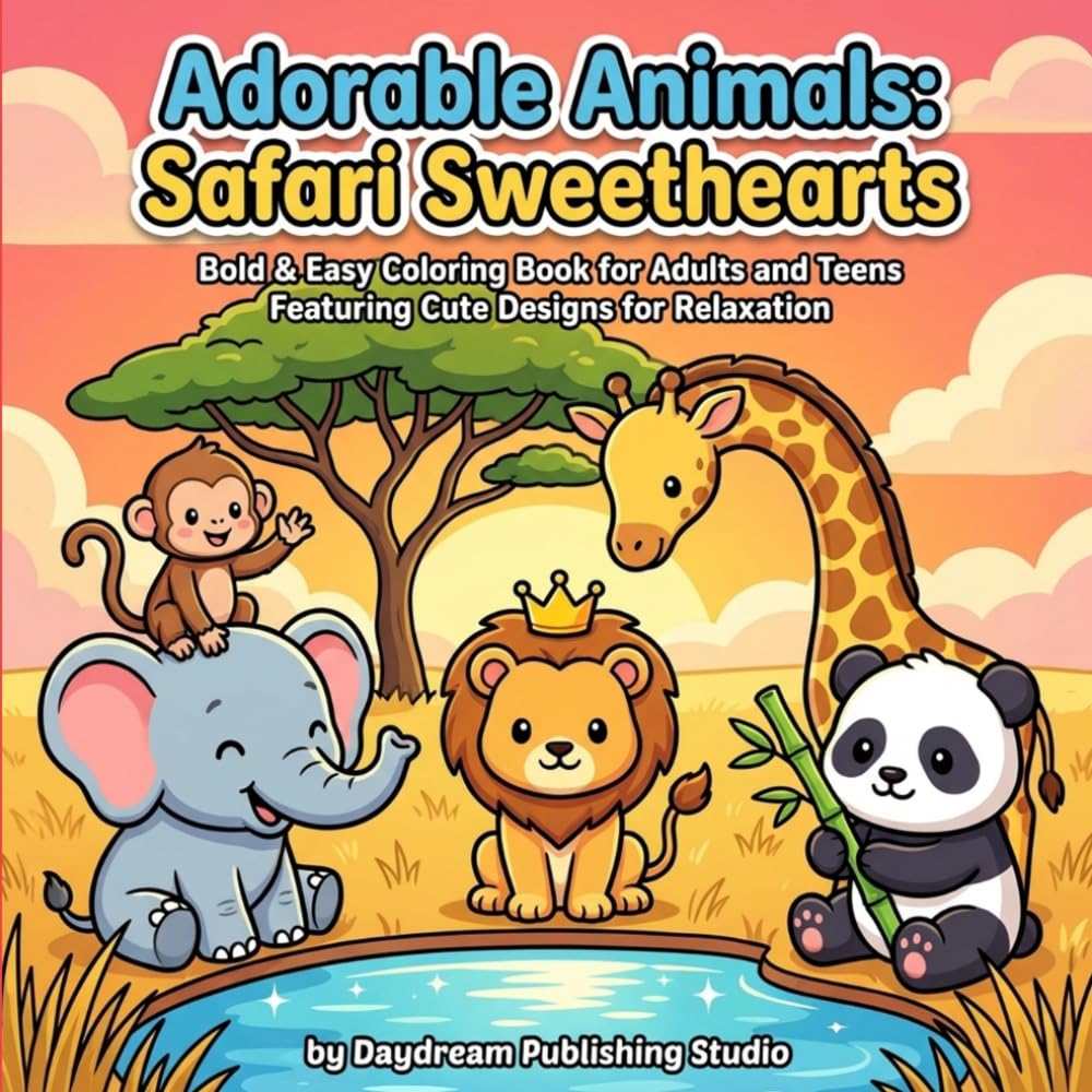 Adorable Animals: Safari Sweethearts: Bold & Easy Coloring Book for Adults and Teens Featuring Cute Designs for Relaxation