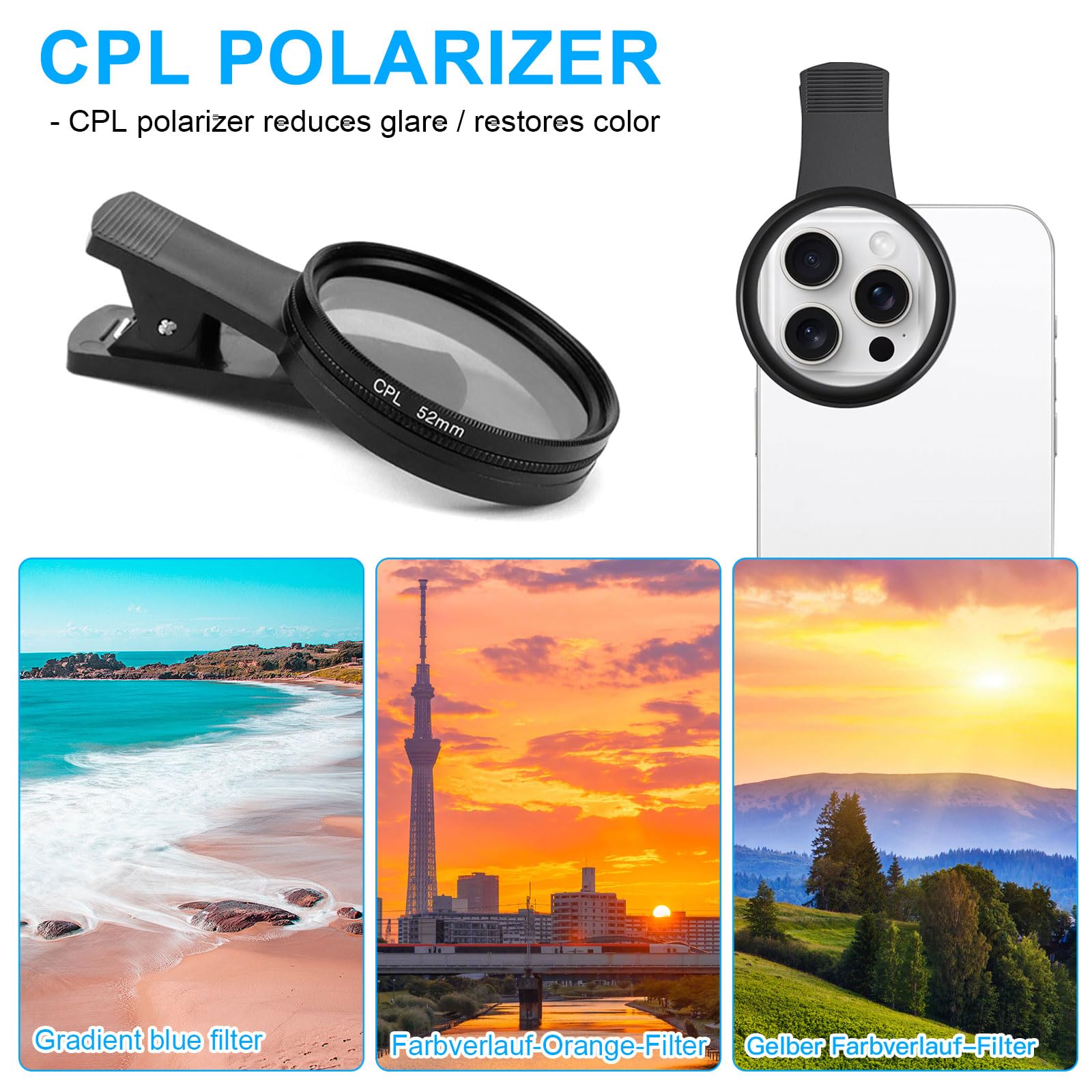 Filtro a clip 52 mm CPL filtri polarizzanti per smartphone, lente