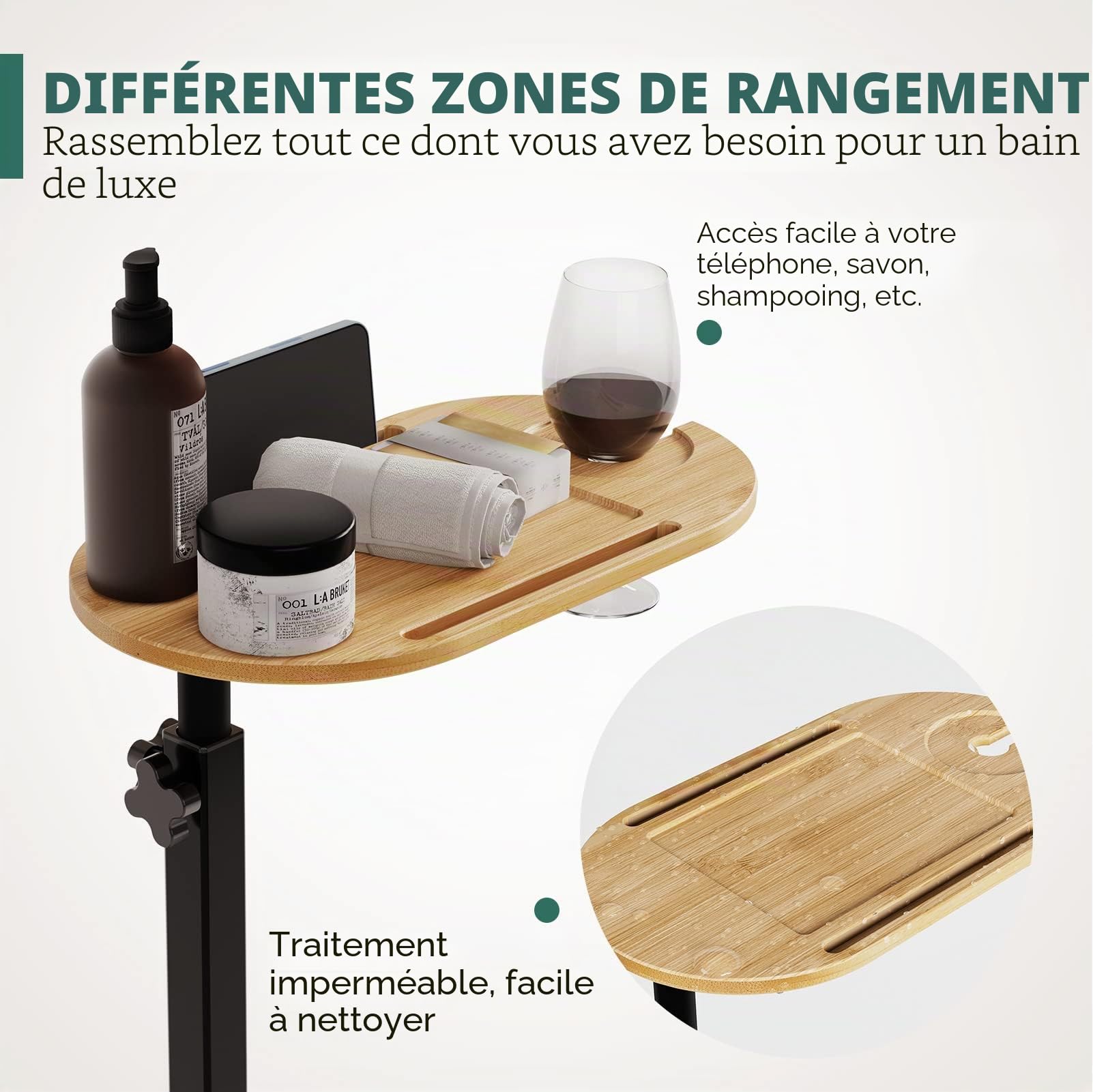 Yumkfoi Plateau de Baignoire en Bambou avec Hauteur réglable, Plateau autoportant pour Baignoire Contre Le Mur, Table d'appoint pour Baignoire de Luxe, Maison, Spa et Choix de Cadeau – Brevet protégé