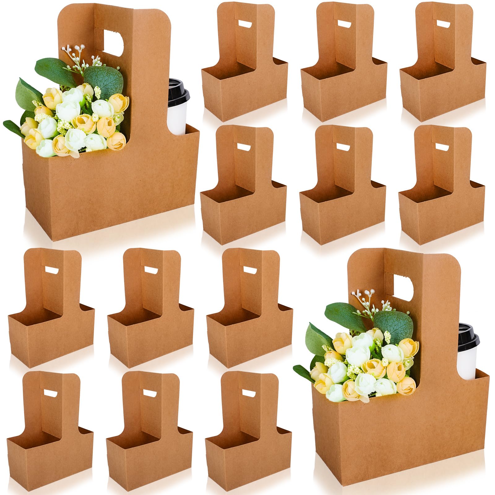 Photo 1 of Whaline Mother's Day Kraft Flower Gift Bags 20Pcs Drink Carrier with Handle to 2 Cup Floral Wrap Packing Box Paper Holder Basket for Teacher Appreciation Week Wedding Birthday Party Gift Decor