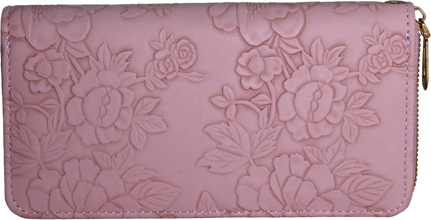 Women's floral embossed wallet, women's ultra-thin wallet, large capacity zippered handbag, detachable wristband, 7.67 x 3.93 inches, light purple