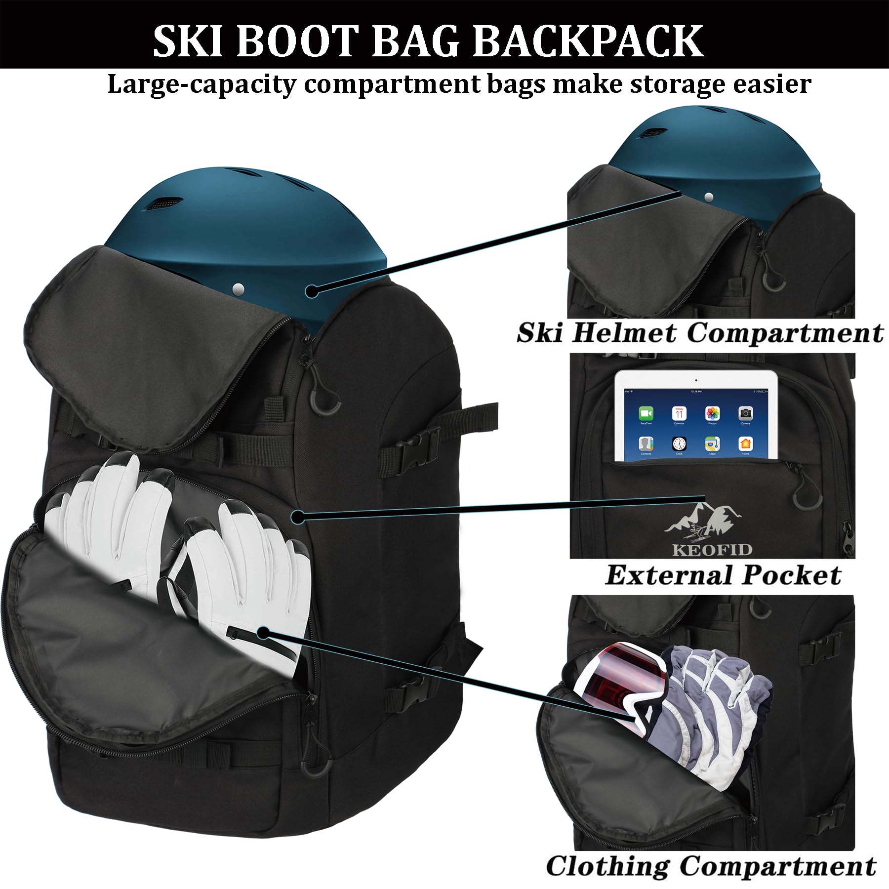 KEOFID Borsa per Scarponi da Sci per Uomini e Donne, Zaino da Viaggio da Sci e Snowboard da 50L, Borsa Impermeabile per Occhiali, Guanti, Snowboard, Casco da Sci e Accessori