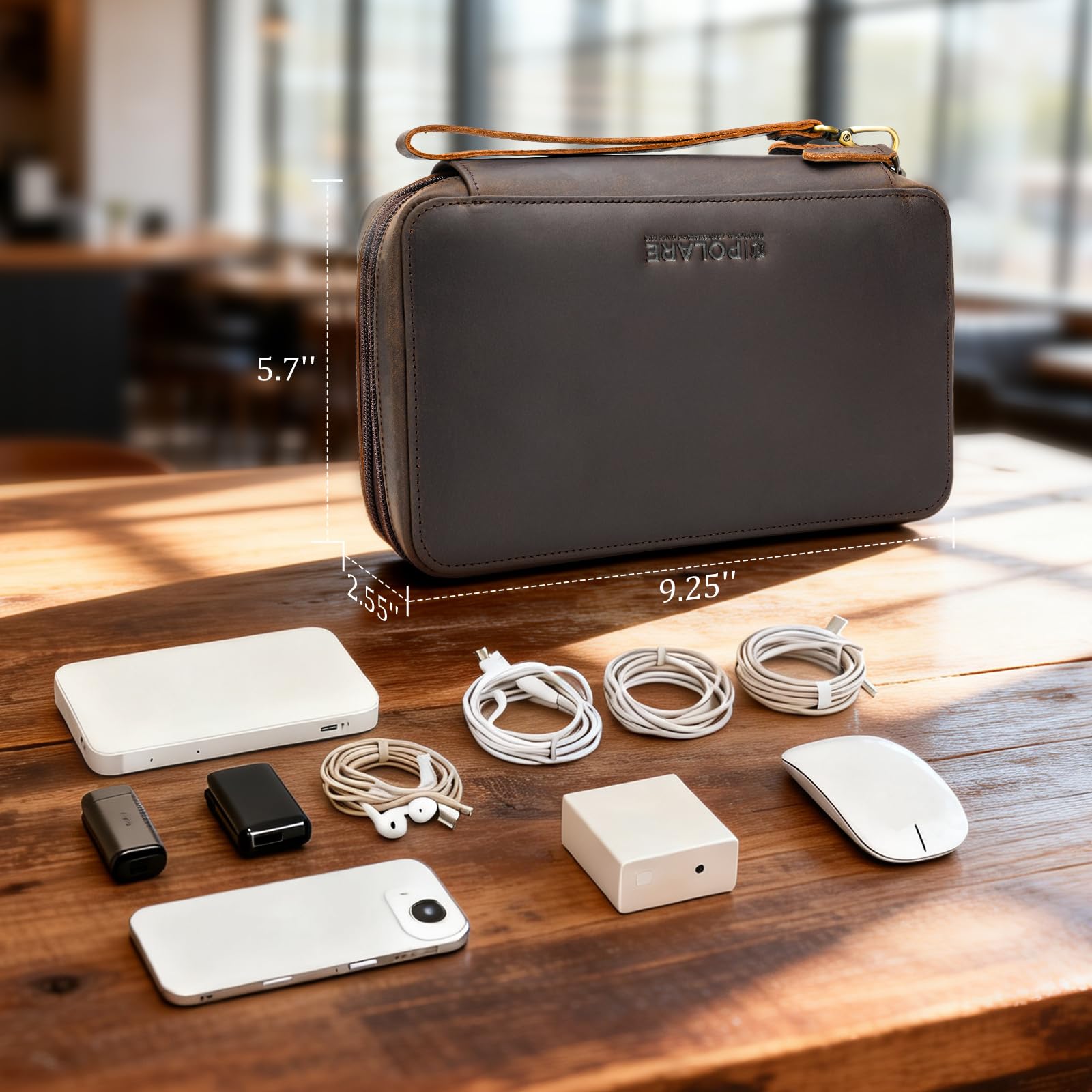 Polare Kabel-Organizer aus Vollnarbenleder, doppellagig, für Elektronikzubehör, Tragetasche mit YKK-Reißverschlüssen, All-in-One-Tech-Aufbewahrungstasche für Kabel, Powerbank, USB, Ladegerät