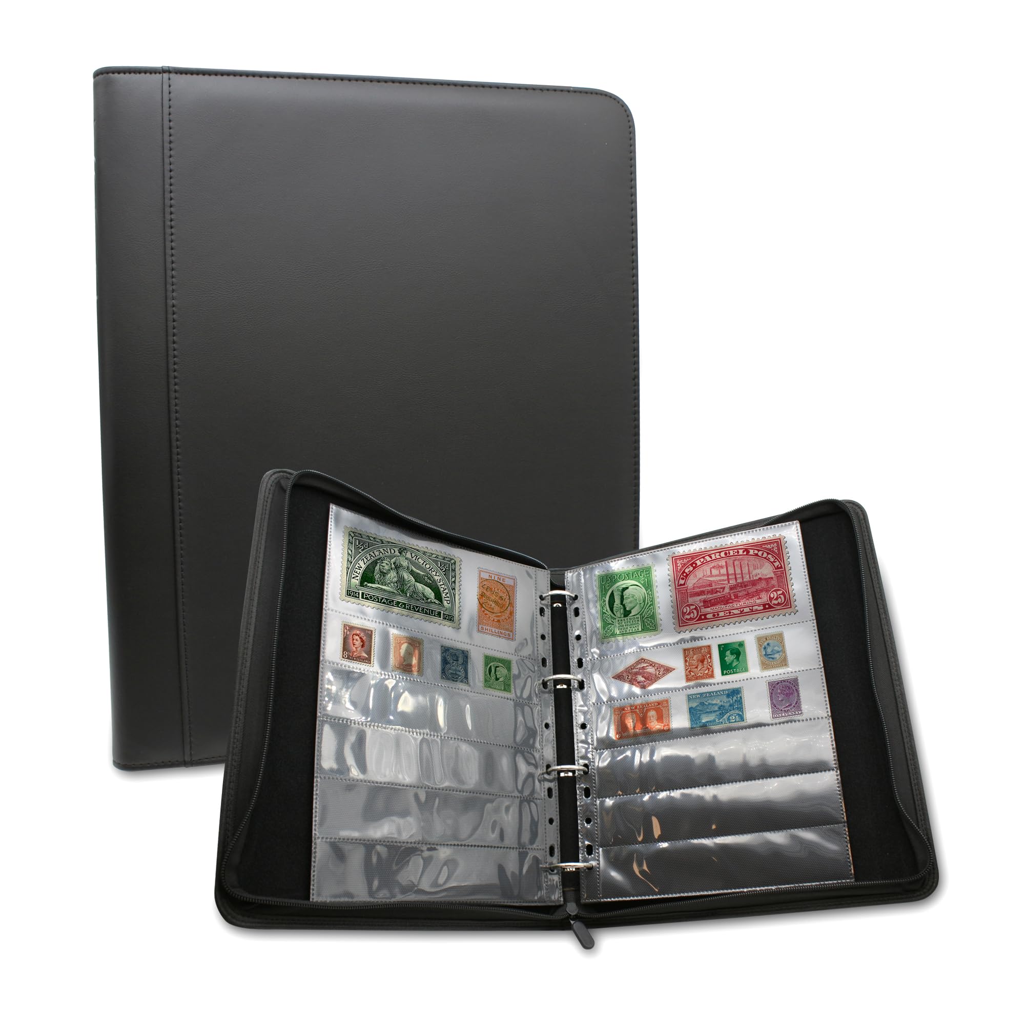 DOJA Barcelona Postage Stamp Album-PU Leather Stamp Book for Collectors with Zipper and Ring Binder 16 Double-Sided Sheets and Multiple Size Pockets for Stamp Collecting Different Pocket Dimensions