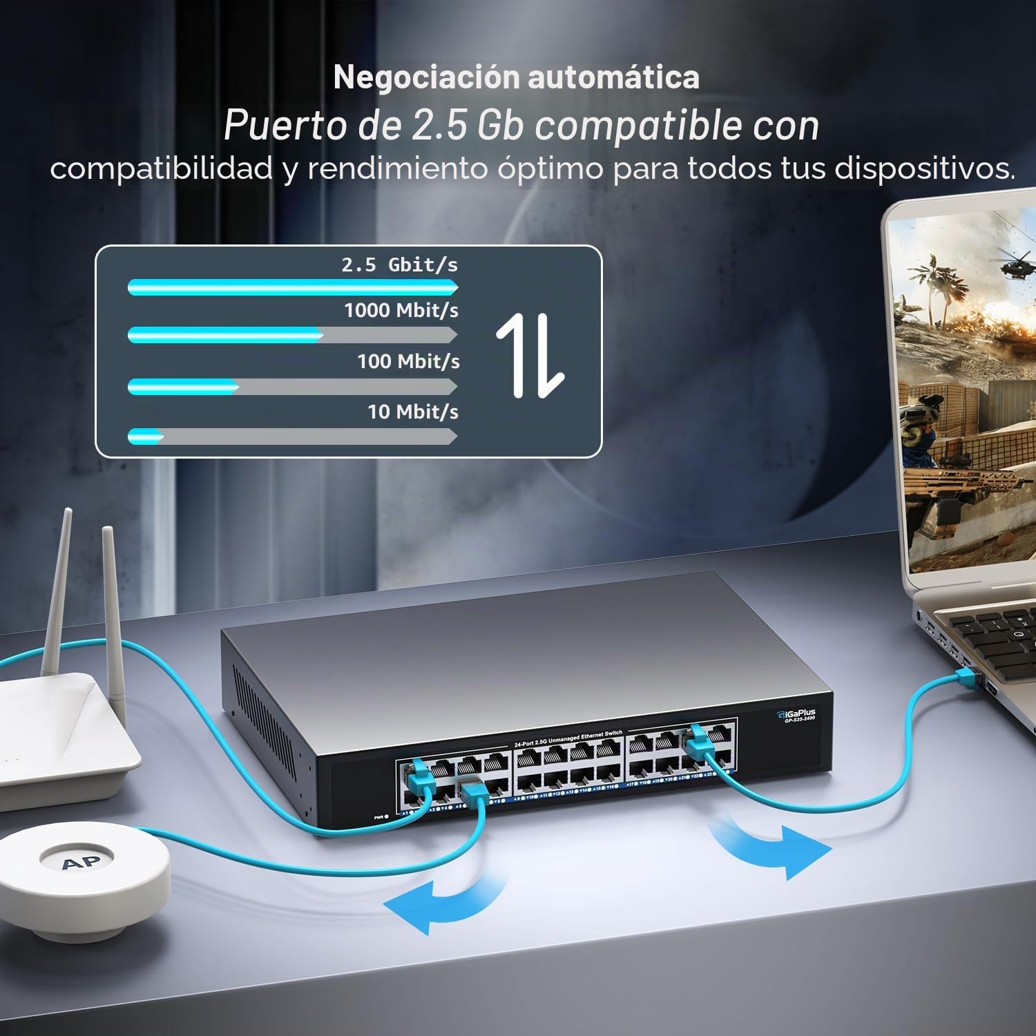Switch Ethernet no administrado de 24 Puertos y 2.5 Gbps con 24 Puertos 2.5 GBase-T, Switch de Red GiGaPlus de 2.5 Gbps para NAS/PC de 2.5 Gbps, Router WiFi6 y Punto de Acceso inalámbrico