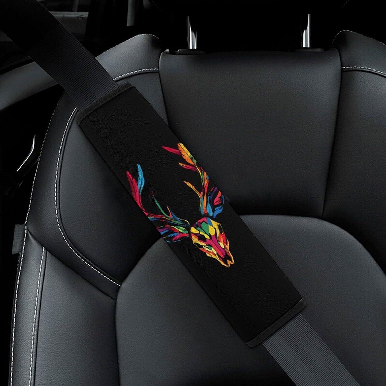 Colorful Deer Head Skull Car Seat Strap Covers Soft Seat Strap Shoulder Pads Seatbelt Covers for All Car Seats 1PCS