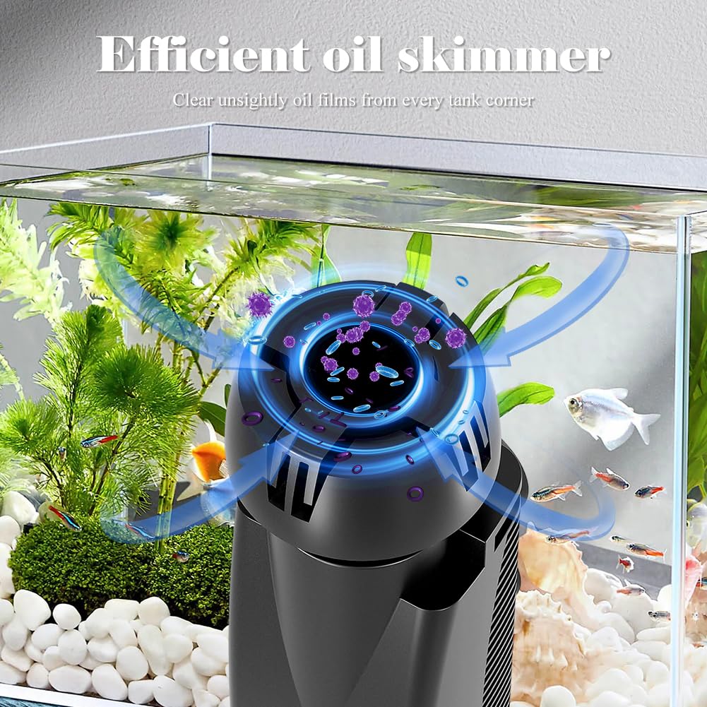 Skimmer do akwarium z bio-gąbką i przyssawkami, zbiornik na ryby, odkurzacz powierzchniowy, filtr do akwarium o pojemności do 350 l, środek do usuwania filmu olejowego, pompa filtrująca (300 l/wys. 4