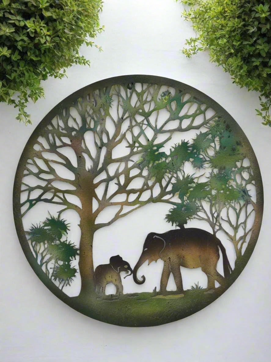 Marissa's Garden & Gift Copper Handmade Tree Of Life Elephant Wall Art, Father And Son Design, Indoor/Outdoor Metal Decor, Peeling Finish, 60Cm X 60Cm, Round
