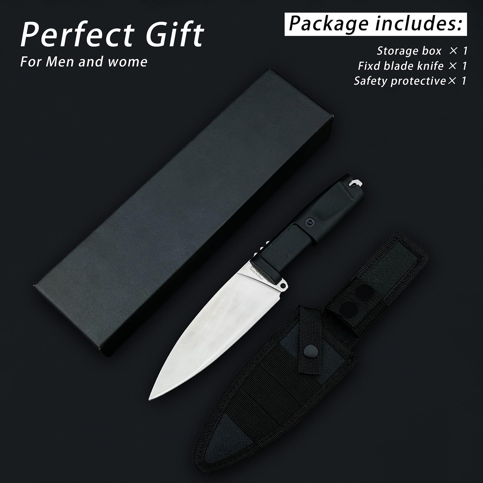 Messer Feststehend, Survival Messer für Trekking Camping, Hergestellt aus 8Cr13Mov Stahl, Full-Tang Ergonomischer Forprene Griff, Geschenke für Männer (Klinge aus rostfreiem Stahl mit schwarzem Griff)