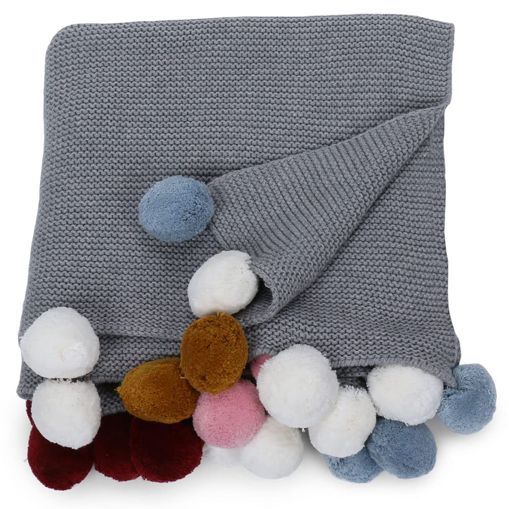 haus & kinder Tc - 150 100% Cotton Knitted Blanket For New Born Baby|Baby All Season Ac Blankets|Quilt Wrapper For New Born Boy & Girl|Size 80 Cm X 100 Cm, 0 To 2 Years|Pom Pom Blanket (Grey)|