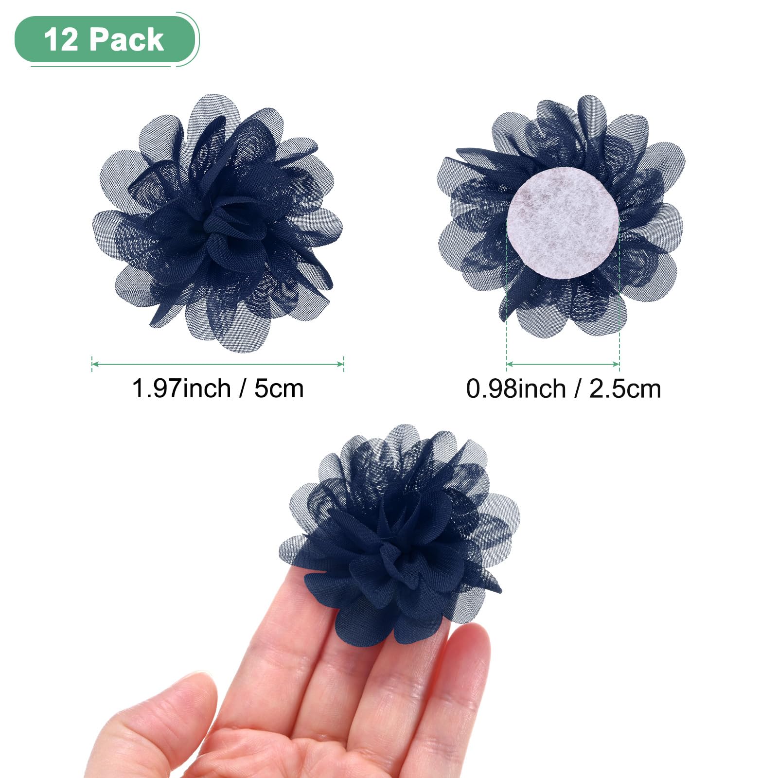 M METERXITY 12-Pack Navy Blue Chiffon Flowers, 1.97 x 1.97 Inch, Artificial Flowers, Romantic Style, Wedding/Party/Home Decor - Image 3
