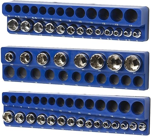 Juego de moldes de soporte de zócalo métrico magnético para llaves de vaso azul