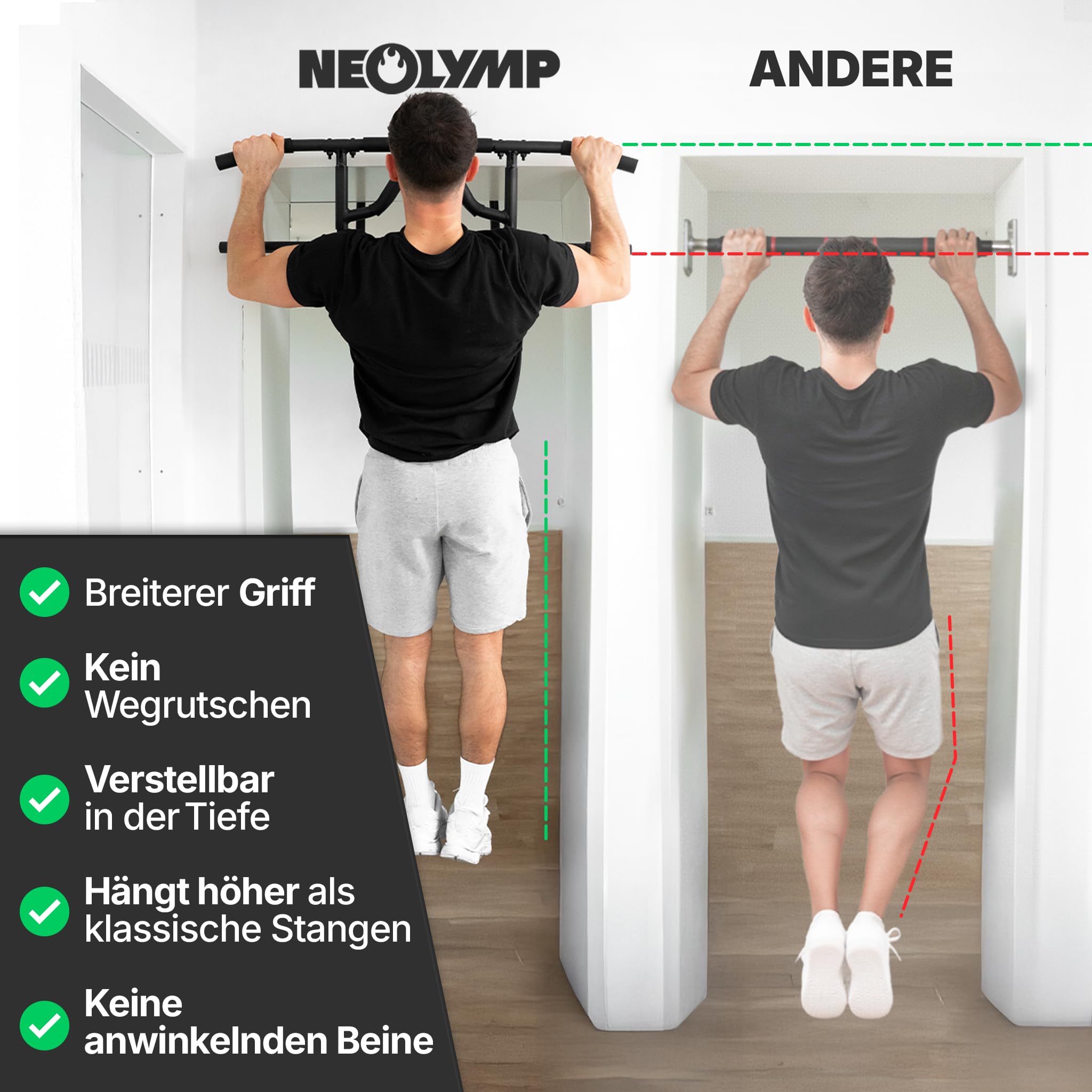 NEOLYMP Premium Klimmzugstange Türrahmen - Türreck mit einstellbarer Höhe, Breite & Tiefe 15–43 cm - Reckstange mit 150 kg Tragkraft - Pull-up Bar ohne Schrauben, einfach in Türrahmen einhängen