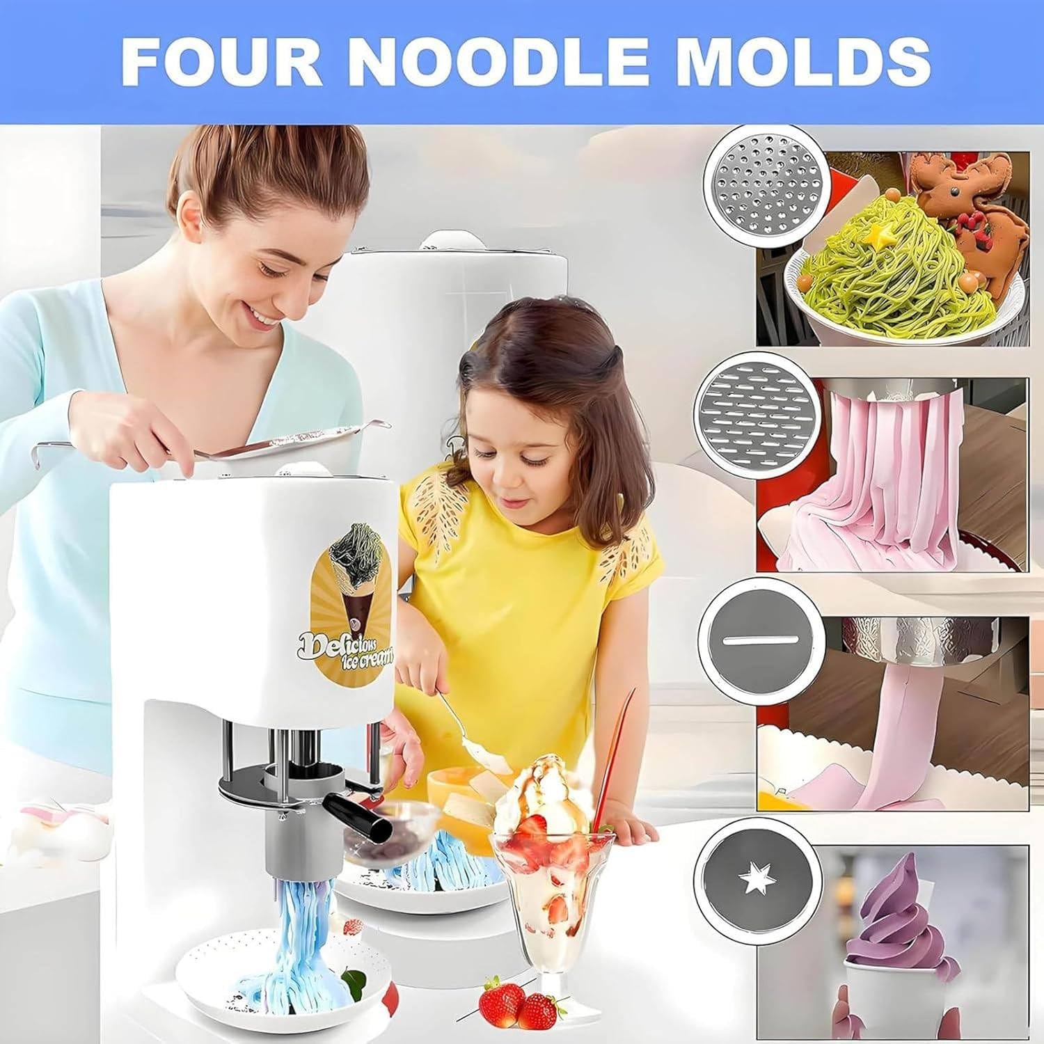 Macchina per Gelato a Forma di Spaghetti, pressa da 80 W con 4 stampi di Diverse Forme, tramoggia da 420 ml e Produzione di 7,4-7,9 galloni/Ora per gelaterie e pasticcerie. White
