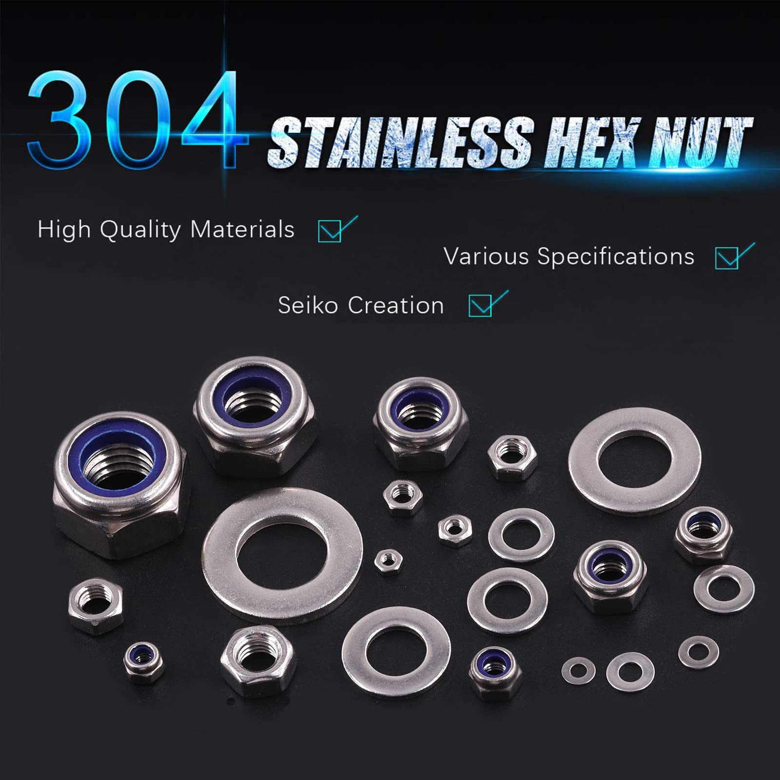 Swpeet 544Pcs Metric 304 Stainless Steel Hex Lock Nuts and Hex Nuts with Flat Washers Assortment Kit - Image 3