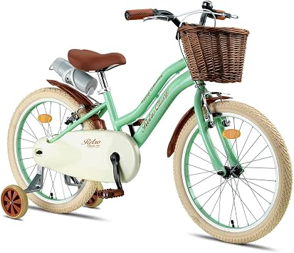 Retro Classic Special Series, 20 Rim Children's Bike with Wicker Knitted Basket and Leather Pullers, 6-9 Year Old Children's Bi
