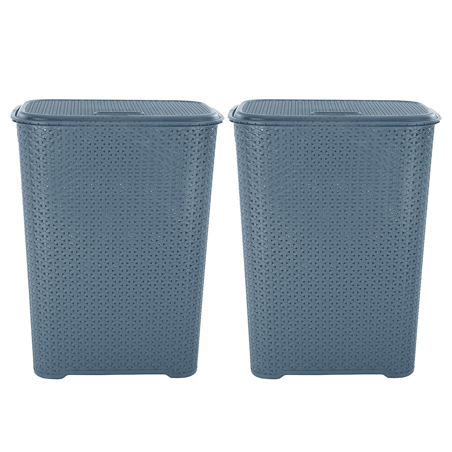 M1SS Set of 2-65L Litre Plastic Laundry Basket with Lid and Handle Drop All Basket Clothes Washing Bin Storage Hamper Small Organiser Lovely For Bathroom, Bedroom (Blue)