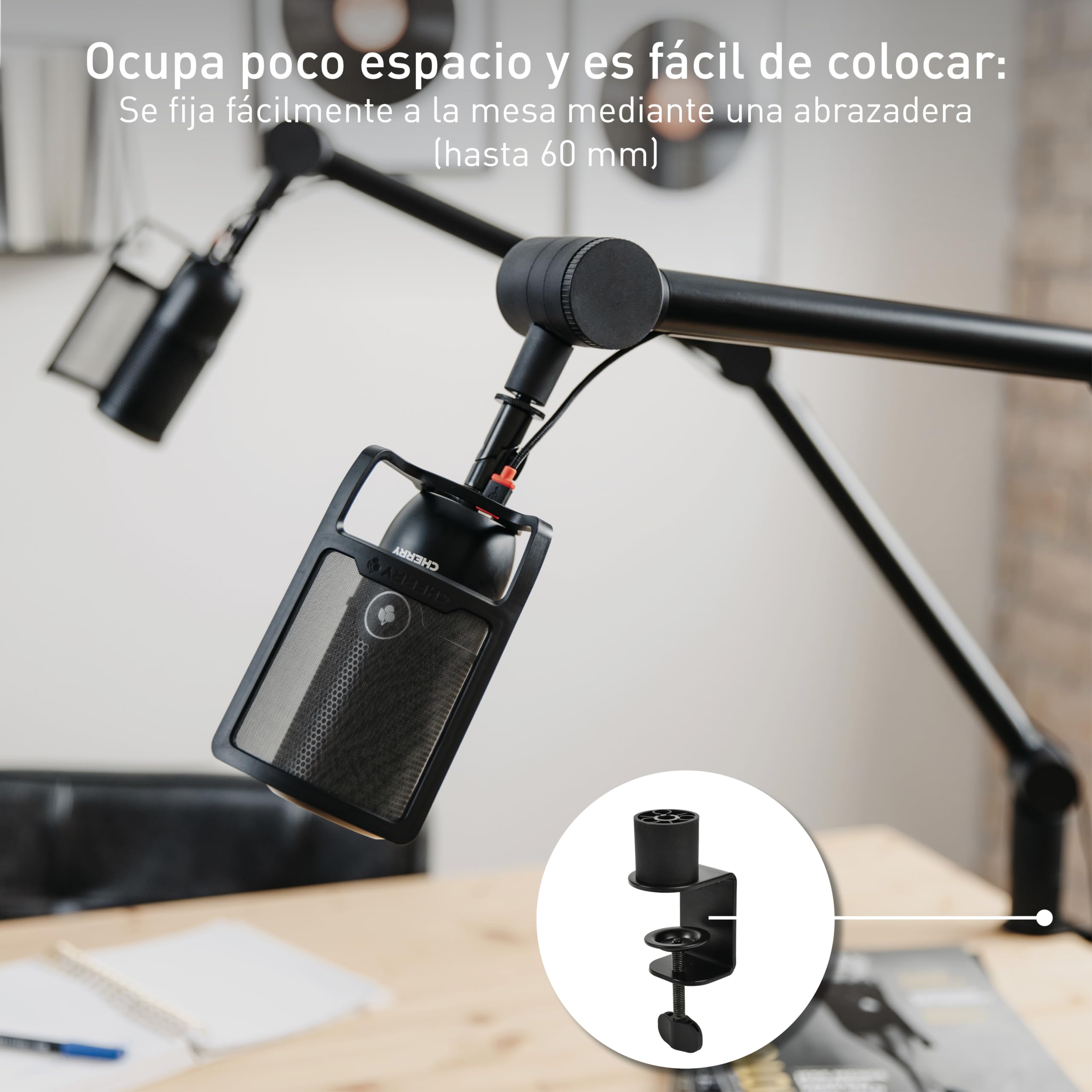 CHERRY MA 3.0 UNI, Brazo de Micrófono Universal, con Pinza para Mesa (hasta 60 mm), Rosca de 3/8 Pulgadas (Incluye Adaptador de 3/8 a 5/8 Pulgadas), Brazo Articulado y Estable, Negro