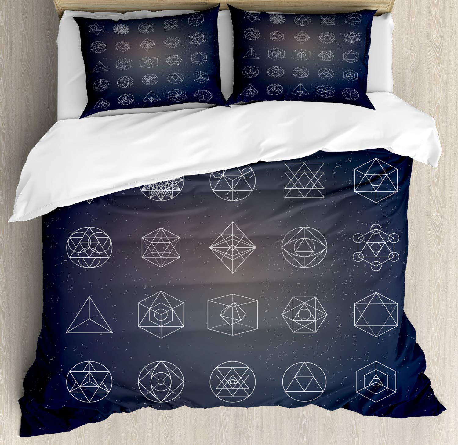 LunarableGeometry Duvet Cover Set, Alchemy Esoteric Mystical Print, Decorative 3 Piece Bedding Set with 2 Pillow Shams, King Size, Blue White