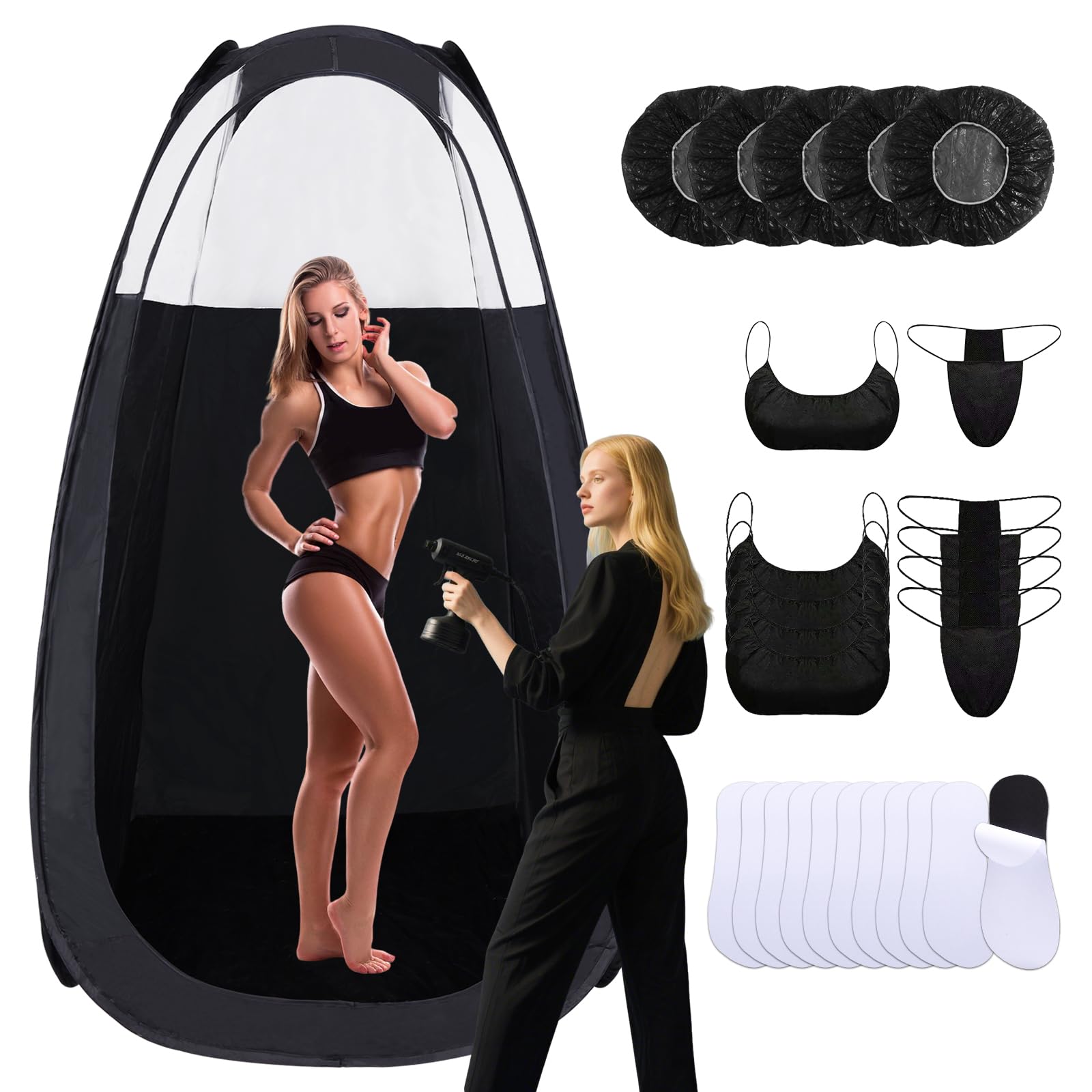22 Pcs Spray Tan Tent Set, Pop Up Portable Professional Mobile Self Tanning Tent Booth with Carry Bag & Waterproof Floor, Large Taner Spray with Vent Opening (78.4 * 47.2 * 47.2 inches，Black)