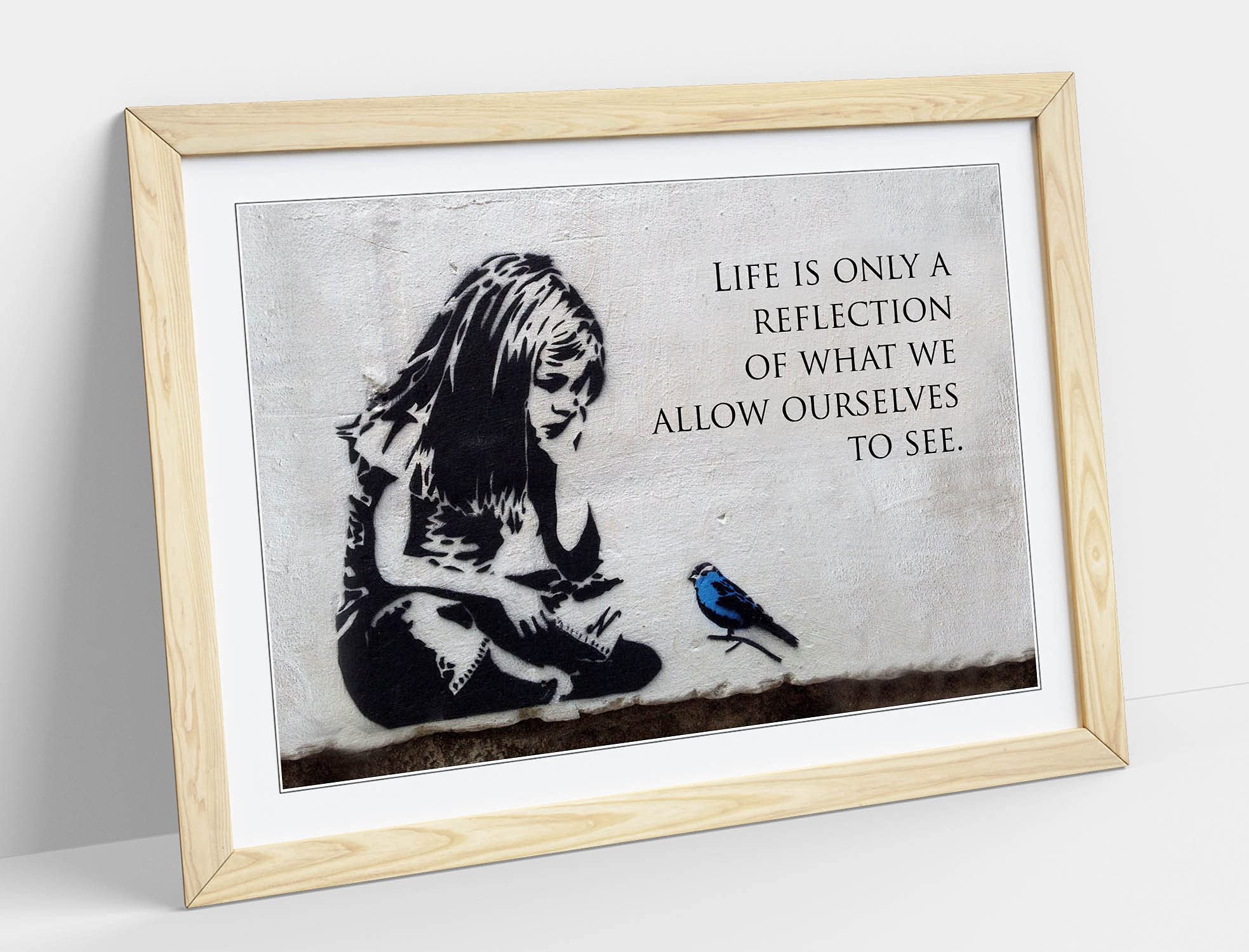 Canvasartshop Girls Oak Banksy Blue Bird Quote- Premium Wall Art Framed Picture Prints - 3 Colours - 4 Sizes (, A4)