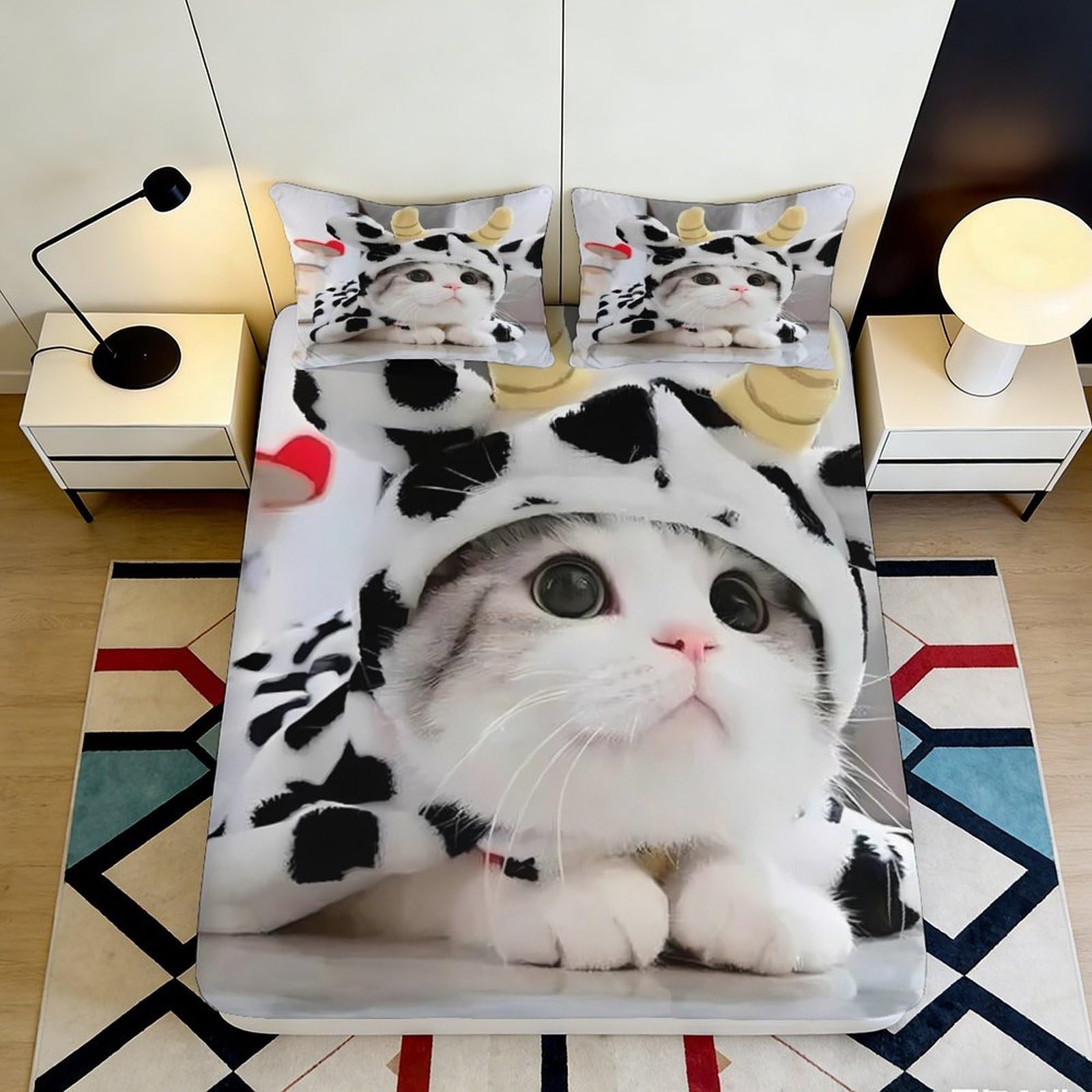 3D Printed Cute Cat Cow Pattern Fitted Sheet Microfiber Soft Mattress Cover for Bedroom Dorm Easy Care Decor 120x200cm 160x200x25cm