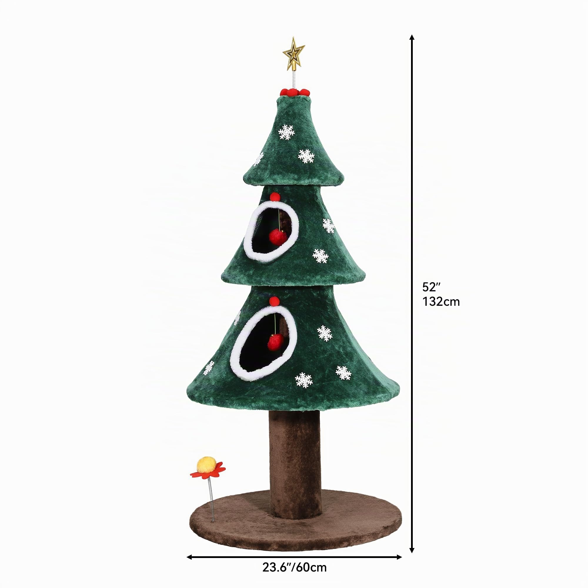 YITAHOME Albero di Natale grande con 2 ripiani, casa per gatti da 132 cm, colonne tiragraffi, centro attivo per gattini e decorazioni natalizie in verde