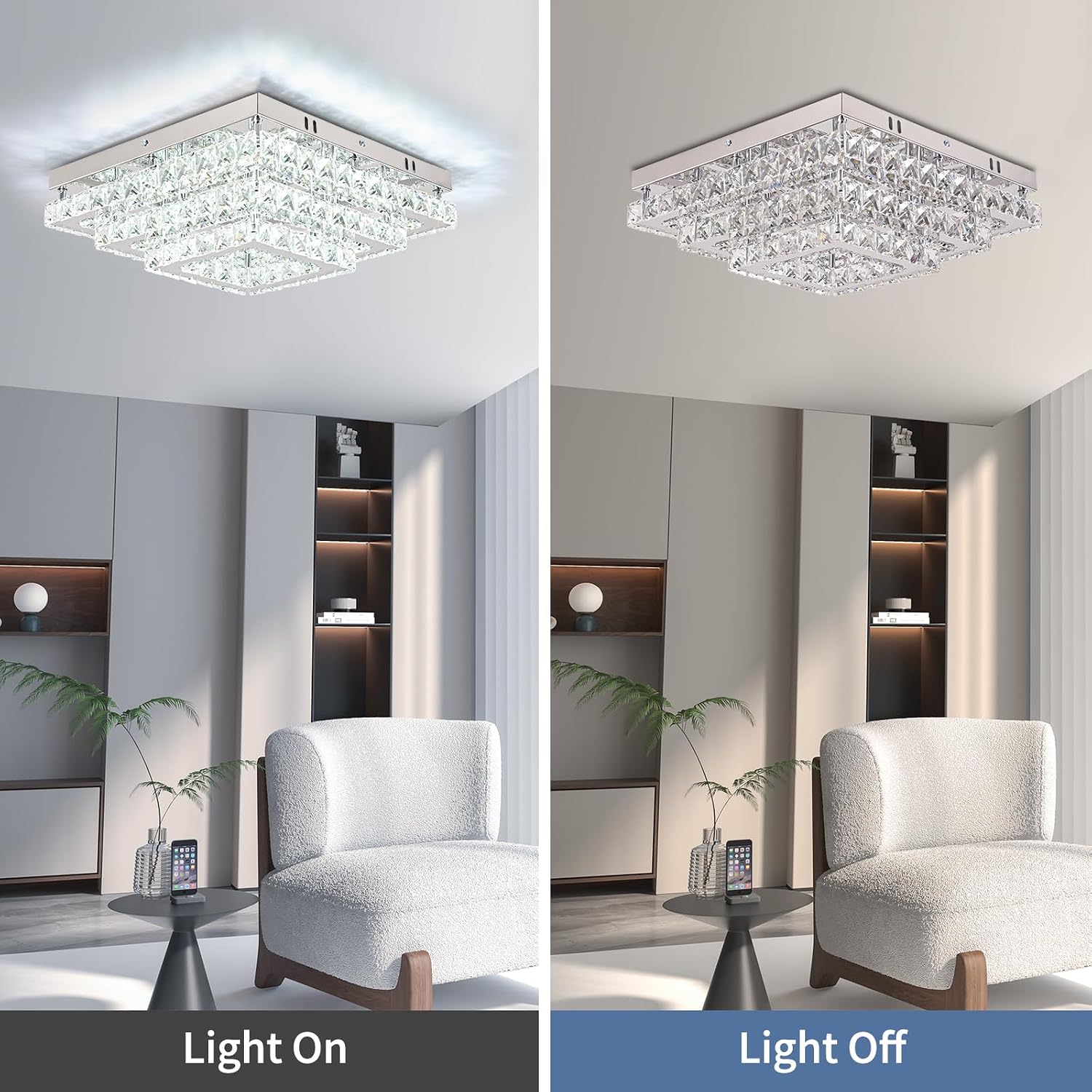 Square Crystal Ceiling Light Flush Mount, 15.1 Inch Chrome K9 Crystal LED Ceiling Fixture, 6500K Cool White, 57W for Bedroom Dining Room Kitchen