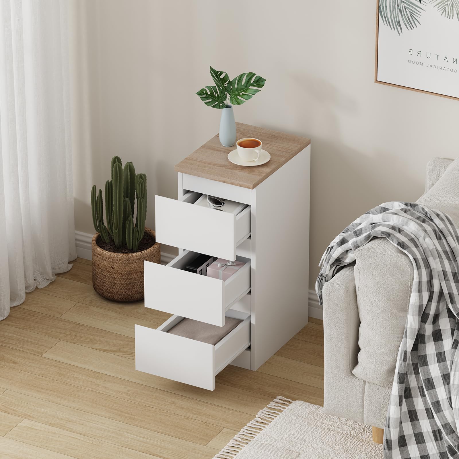 Pantanal 25CM Slim Bedside Table 3 Drawers Nightstand Cabinet Oak for Bedroom Living Room, Narrow Wood Bed Side Table End Table for Small Corner Space