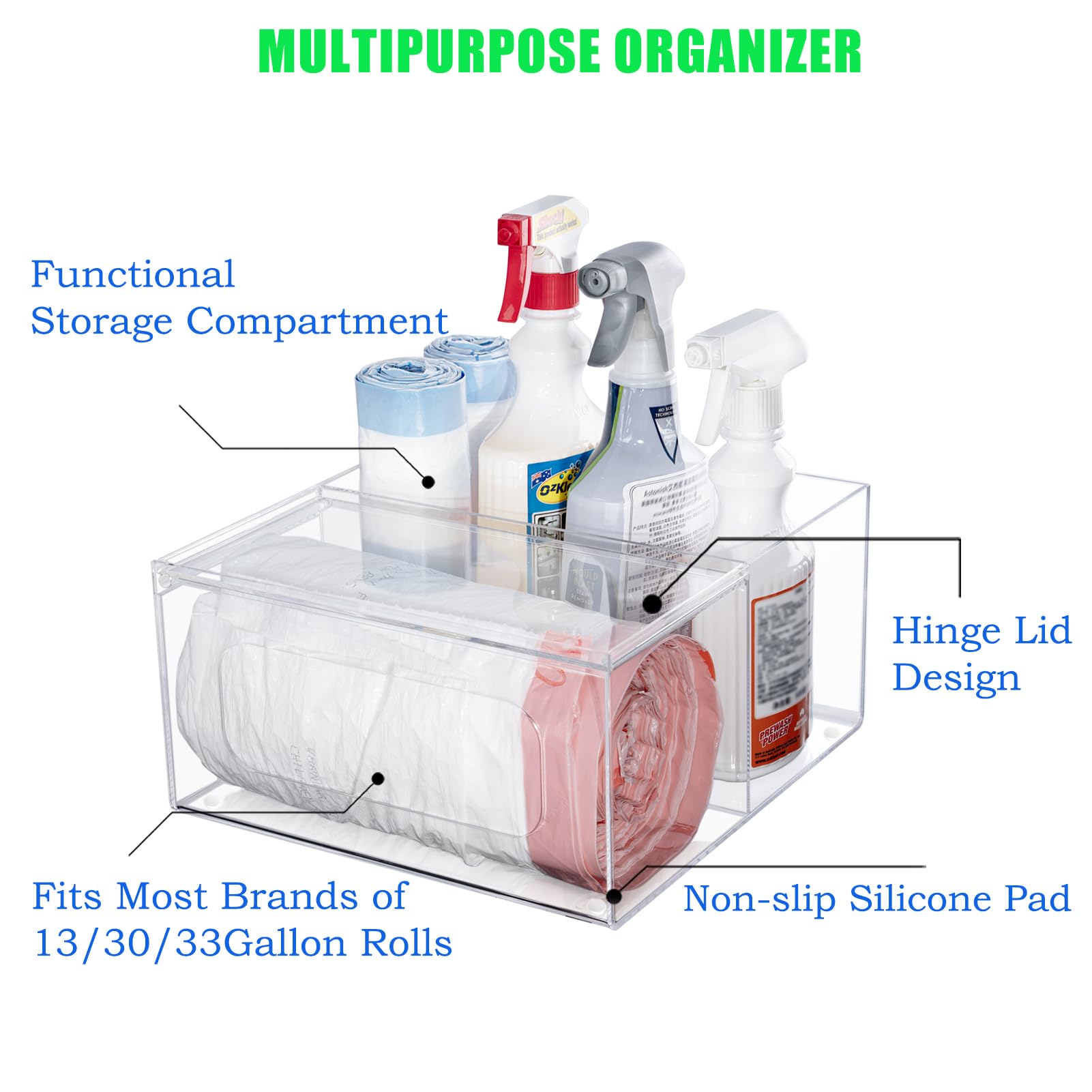 Dispensador de bolsas de basura acrílicas para cocina y baño, organizador y almacenamiento, dispensador grande de bolsas de basura debajo del fregadero, organización transparente para cuarto