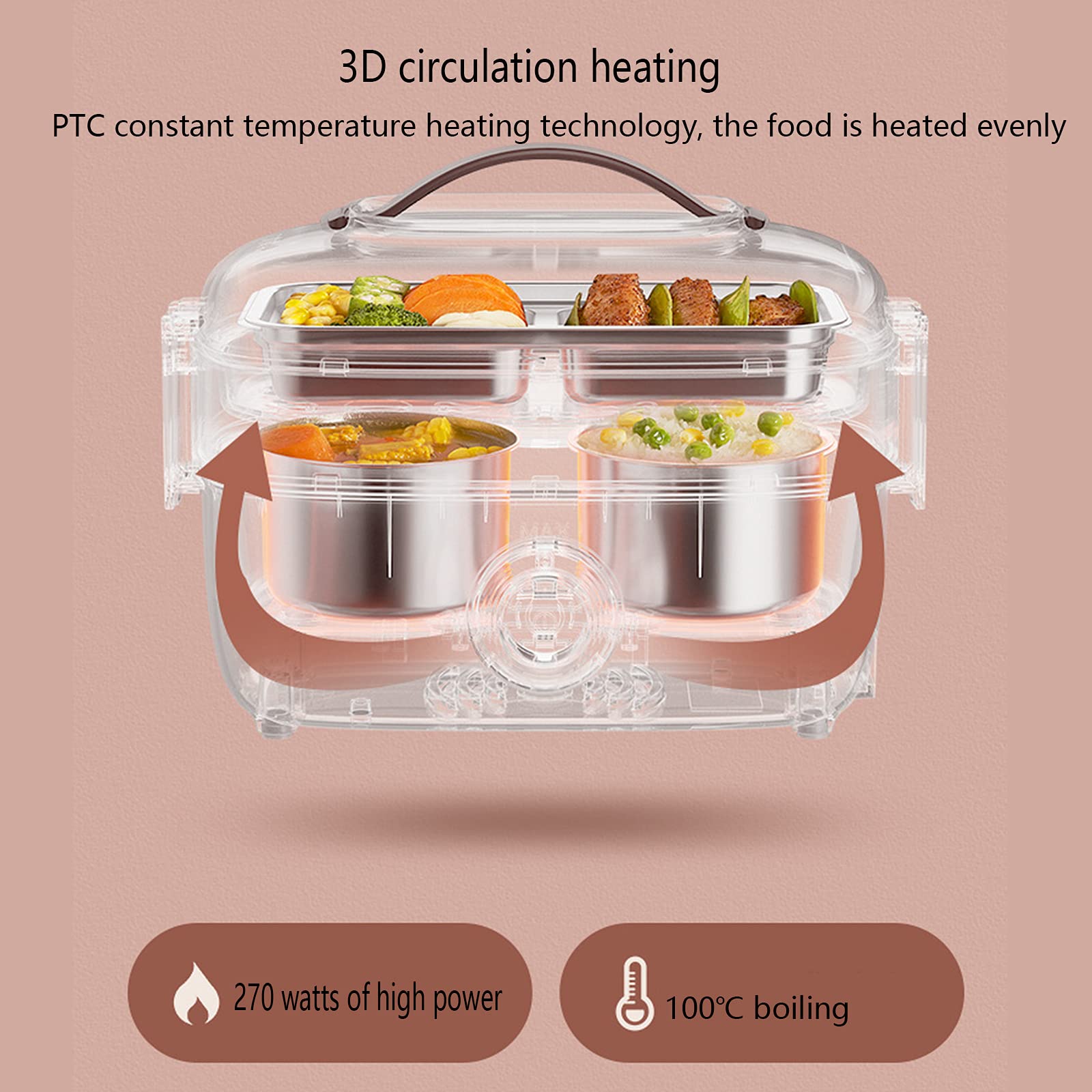 CASOTA Fiambrera Bento Caja Bento Contenedor Cajas Bento Termo Aislante Eléctrico Térmico Adultos Adultos A Prueba De Fugas Acero Inoxidable 270W Doble Capa con Compartimentos