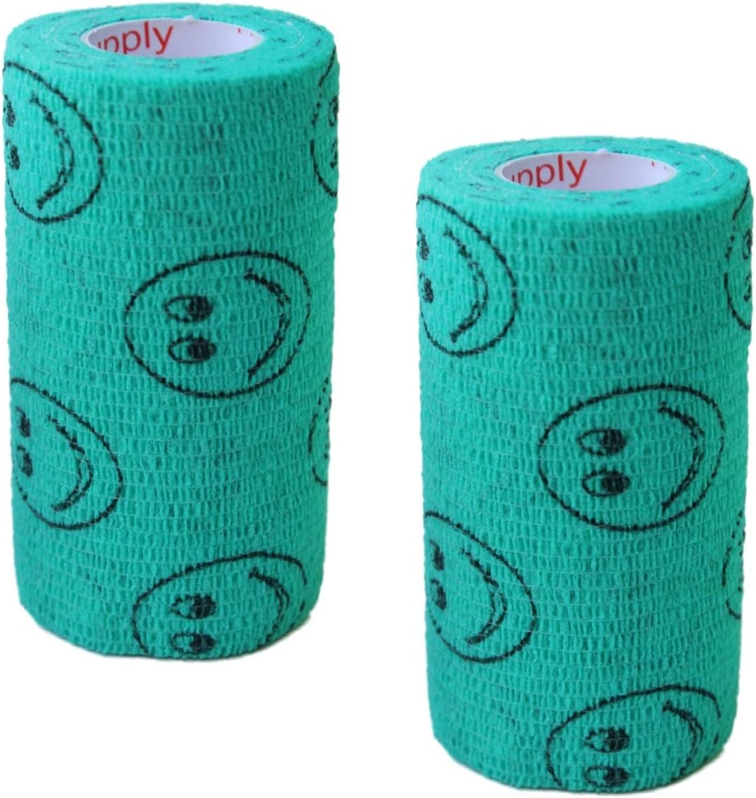 Vet Wrap Wrap Tape (Teal with Smiles) (2 Pack) (3 Inch x 15 feet) Self Adhesive Adherent Adhering Cohesive Flex Self Stick Bandage Grip Roll Dog Cat Pet Horse