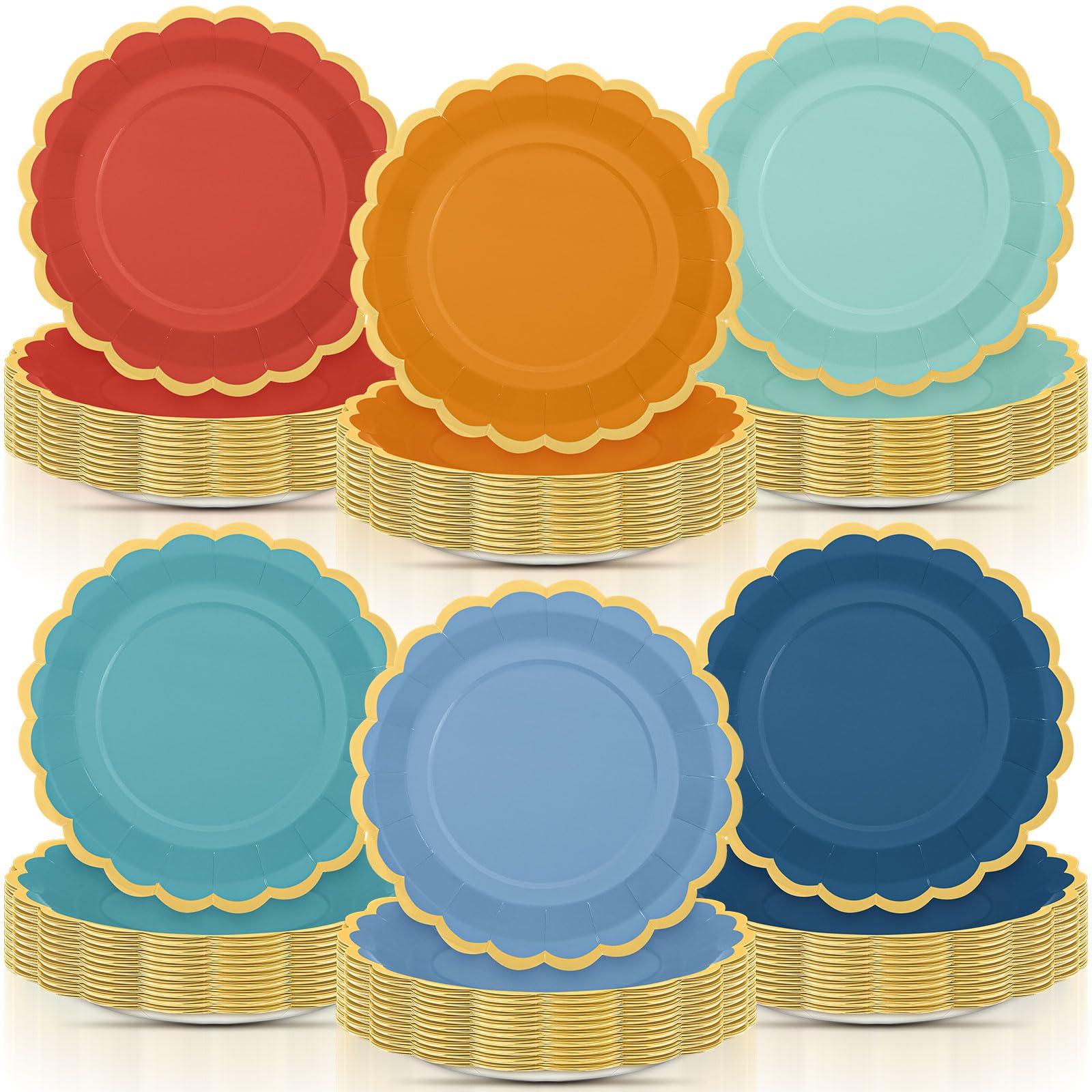96 Pcs Blue and Orange Paper Plates 9 Inch Gradient Scalloped Paper Plates Disposable Dinner Dessert for Birthday Wedding Bridal Party Supplies, 6 Colors