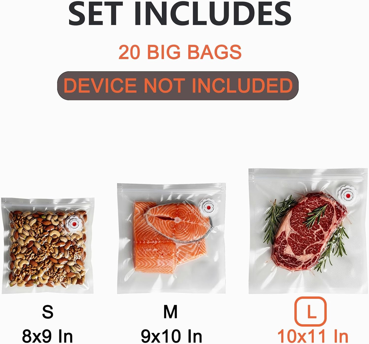 3rd-Gen (10" x 11") 20 PCS Upgraded Reusable High-Seal Bags (Vacuum Sealer Machine Not Included), Compatible with CNAOA Vacuum Sealers