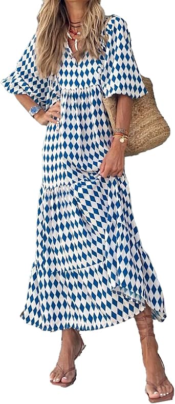 Women Boho Deep V Neck Puff Sleeve Maxi Dress Casual Floral Chiffon Tiered Flowy Swing Party Long Dress