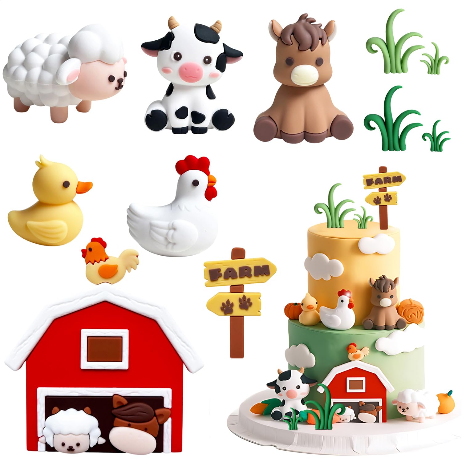 9Pcs Farm Animal Cake Decorations, 3D Cute Farm Cake Decorations for Farm Birthday, Cute Sheep Cow Farm Animal Cake Toppers, Farm Animal Birthday Decoration for Baby Shower Party Supplier Decor