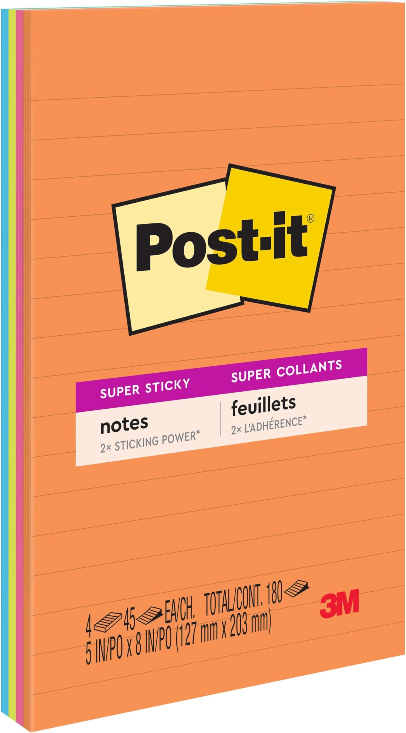 Super Sticky Lined Notes, 4 Sticky Note Pads, 5 x 8 in., School Supplies, Office Products, Sticky Notes for Vertical Surfaces, Monitors, Walls and Windows, Energy Boost Collection
