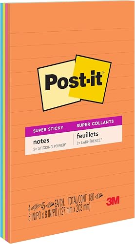 Post-it Super Sticky Notes Lined 5 x 8 in (127 x 203 mm) 5845 Rio Assorted colors, 2 pads/pack | Extra Sticky Notes | For Note Taking, To Do Lists | Clean Removal | Recyclable | 45 sheets/pad