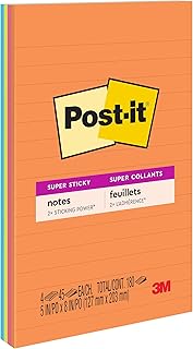 Post-it Super Sticky Lined Notes, 4 Sticky Note Pads, 5 x 8 in., School Supplies, Office Products, Sticky Notes for Vertical Surfaces, Monitors, Walls and Windows, Energy Boost Collection