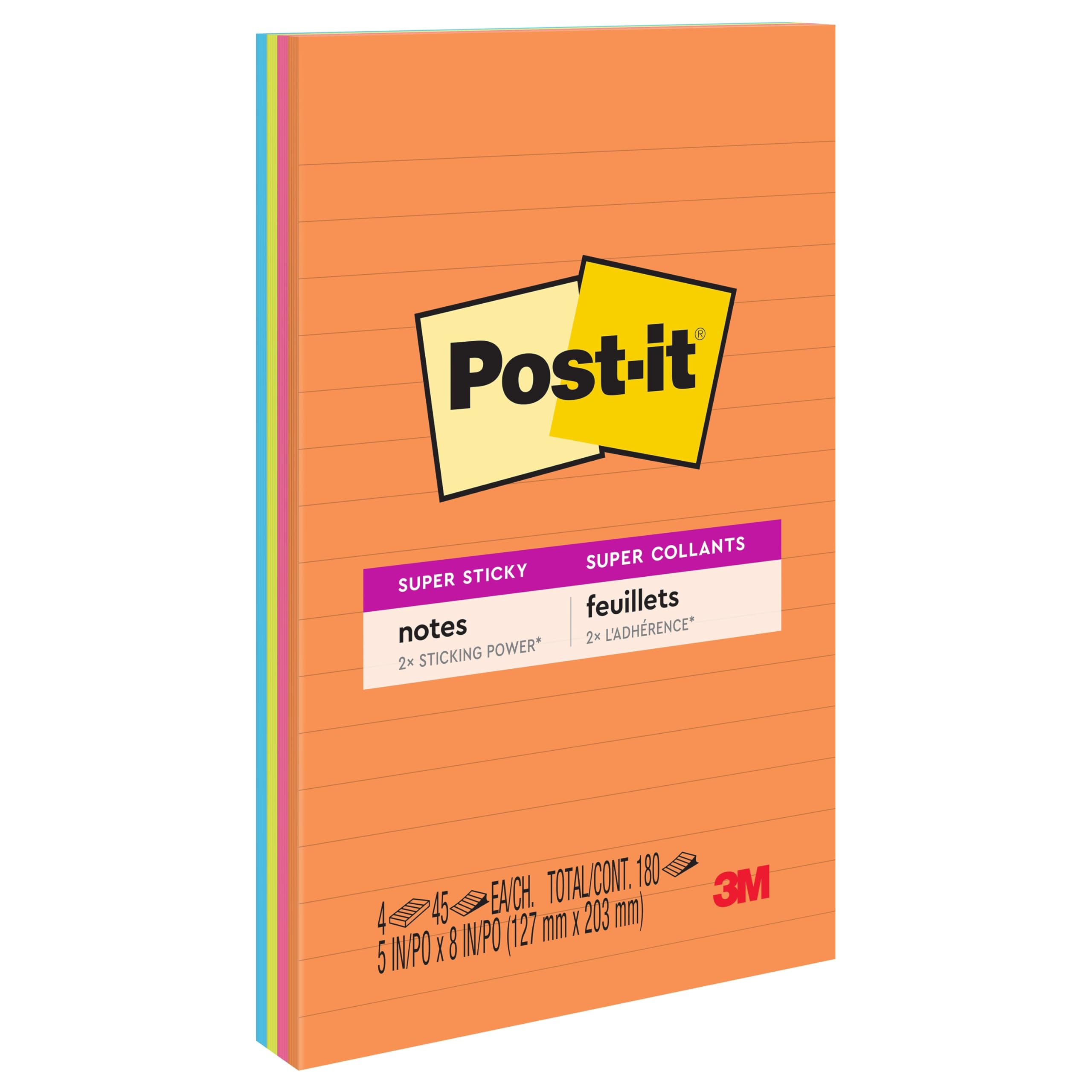 Post-it Super Sticky Lined Notes, 4 Sticky Note Pads, 5 x 8 in., Ideal for Organization in Your Dorm, Home or Office, Energy Boost Collection
