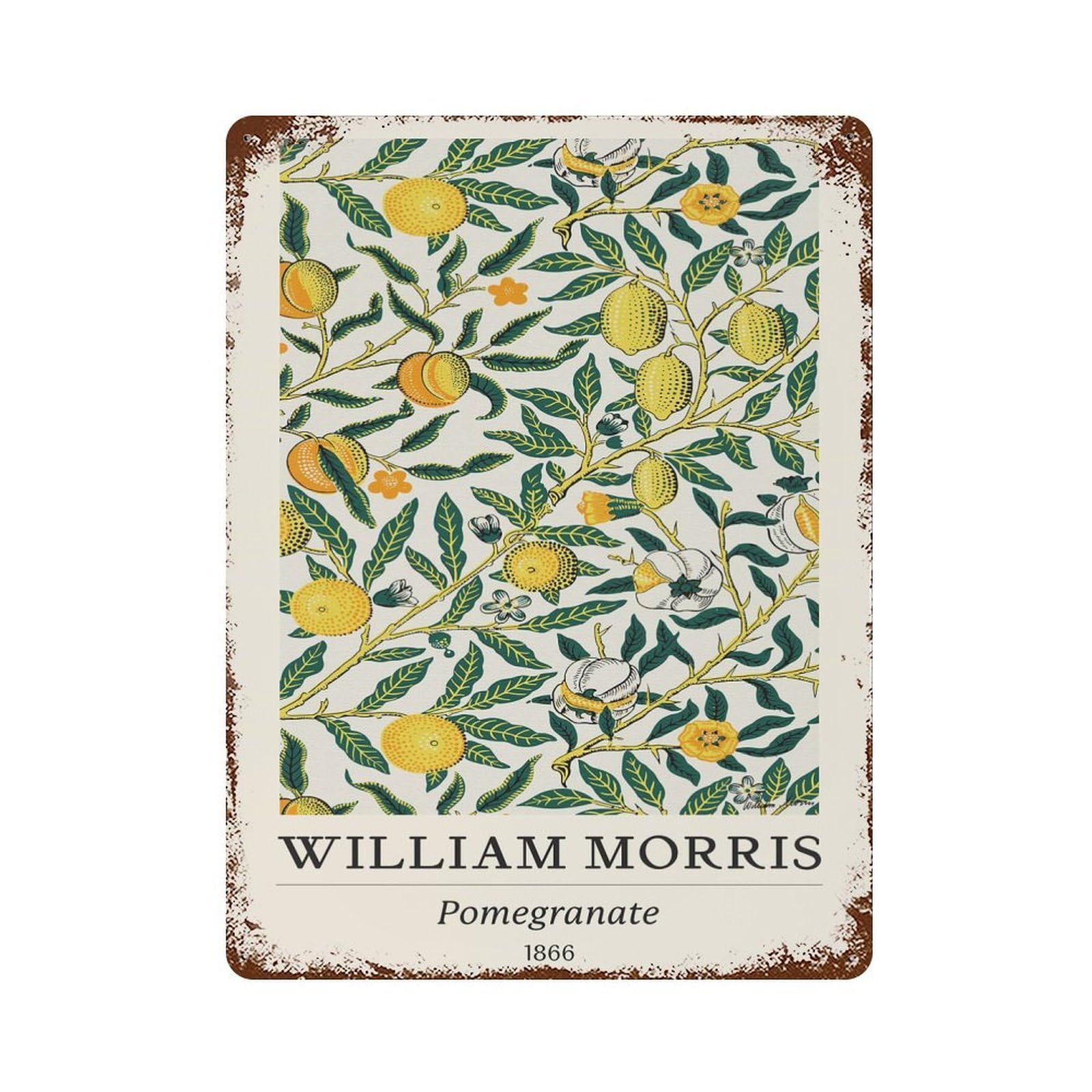 William Morris Pomegranate Botanical Rusty Metal Tin Sign 15.7"x11.8", Vintage Wall Decor for Garage, Pub Or Kitchen