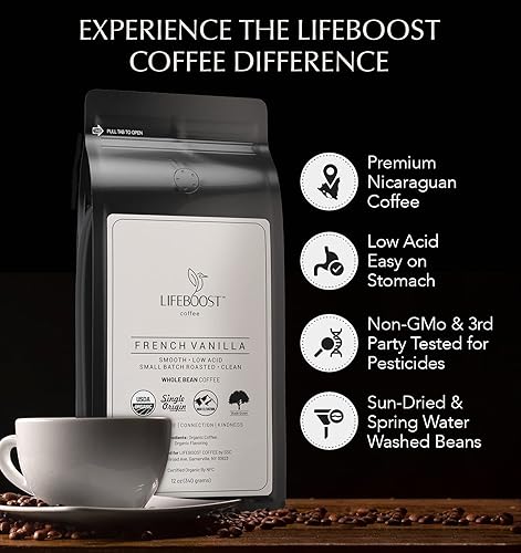 Miniatura 6 de Lifeboost Café de grano entero de vainilla francesa  Café orgánico de origen único bajo en ácido sin OMG  Probado por terceros para micotoxinas y