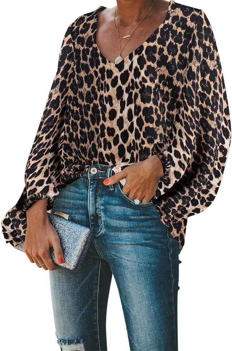 BELONGSCI Women's Casual Sweet & Cute Loose Shirt Balloon Sleeve V-Neck Blouse Top