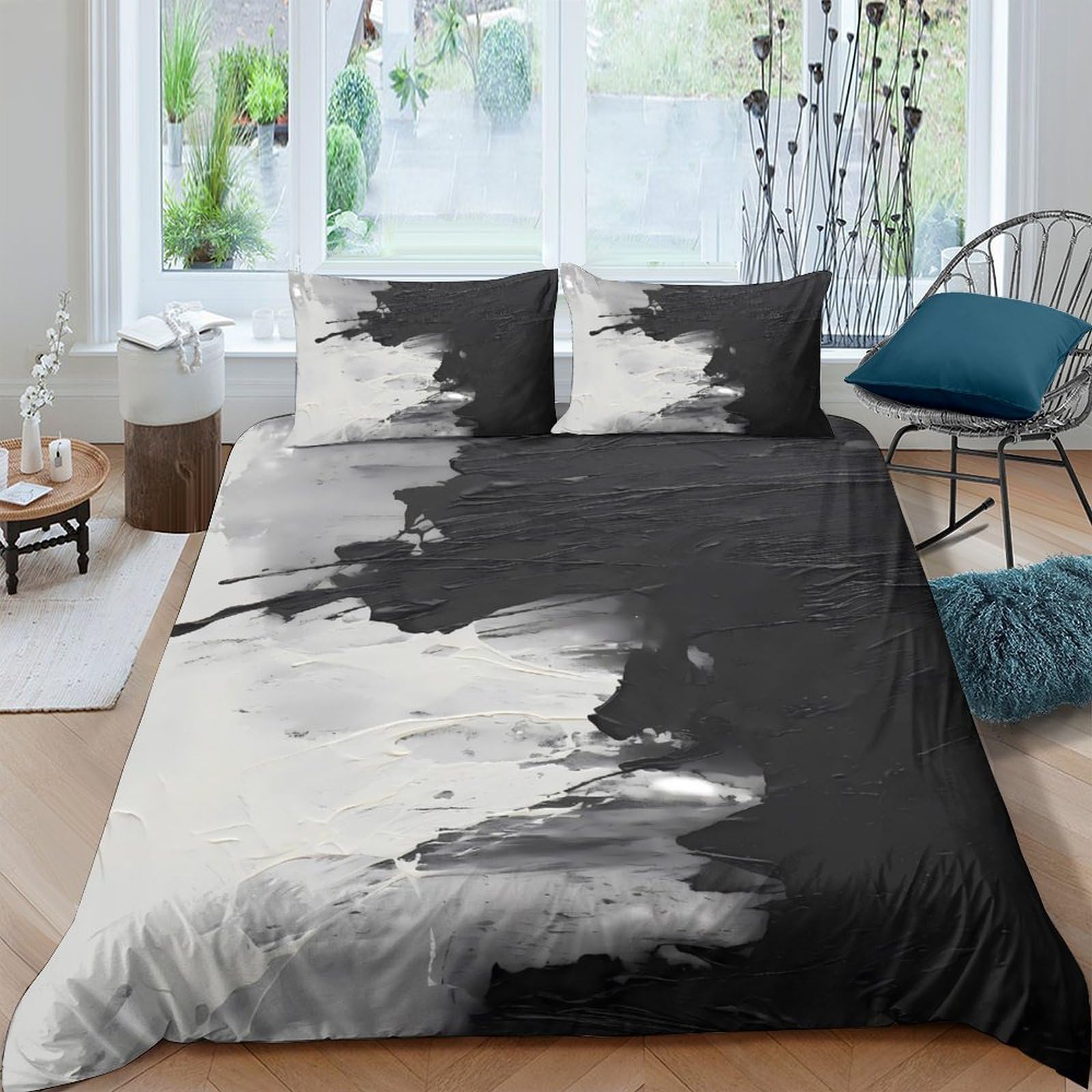 Ctjqhvkz Style-7 3D Printed Black White Brushstroke Fitted Sheet Microfiber Modern Abstract Bed Cover For Bedroom Guest Room Easy Care Single（135X200cm）
