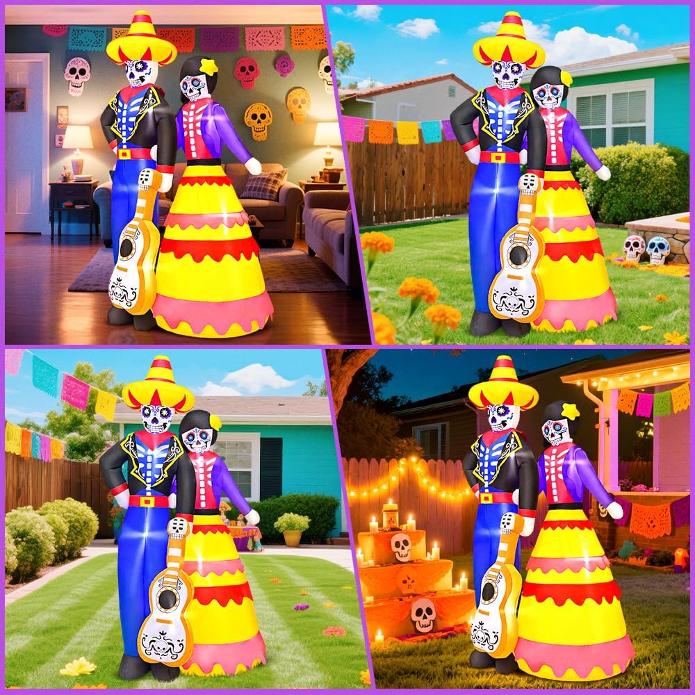 6FT Halloween Inflatable Decoration, Dia de Los Muertos Ghost Couple of The Dead Decorations, Built in LED Lights for Halloween Party, Indoor, Outdoor, Garden, Yard Lawn Décor