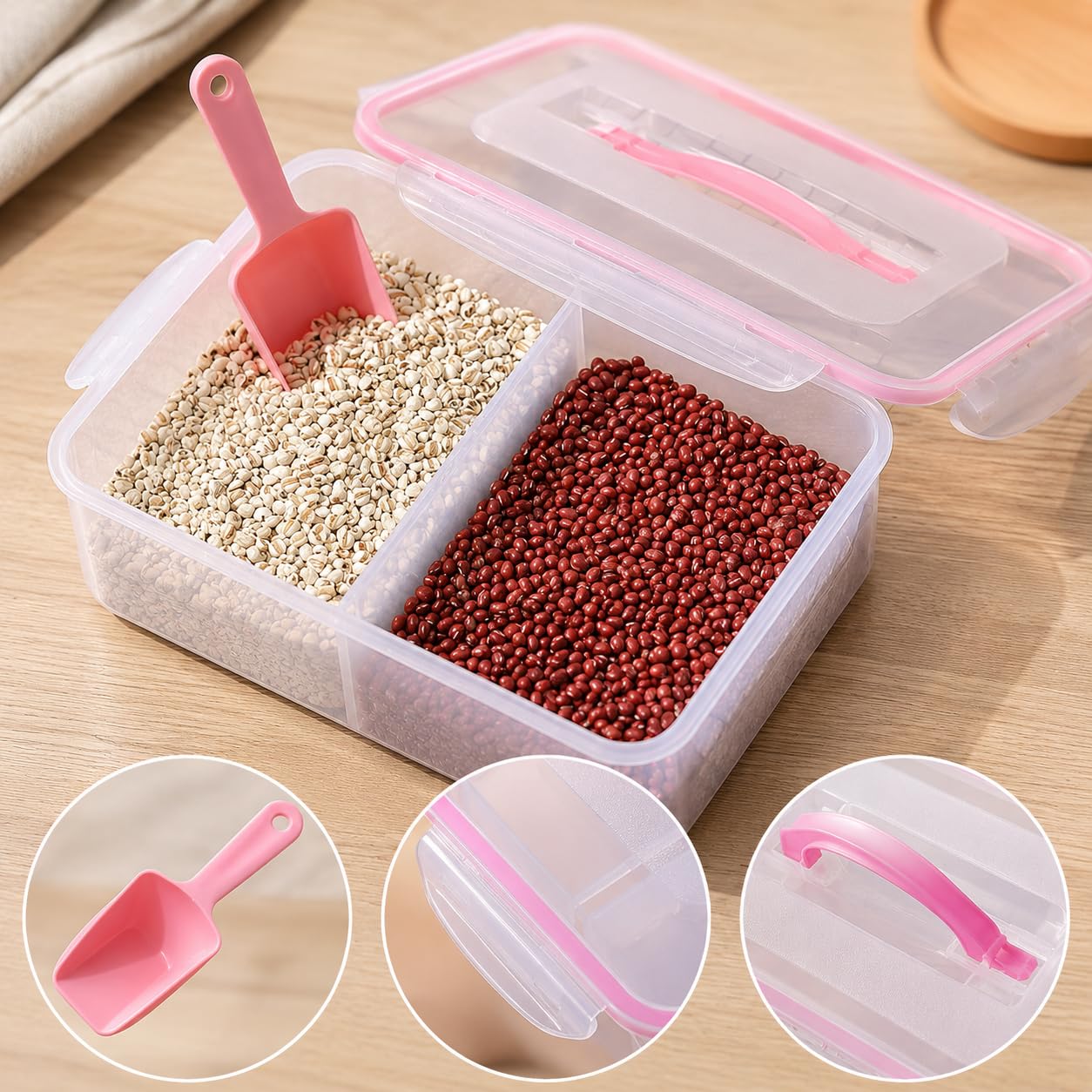 Boîte Hermétique Alimentaire, Plastique PP Silicone 4L avec Poignée, Rangement Frigo Cuisine Modulable, Rose, 2 compartiments