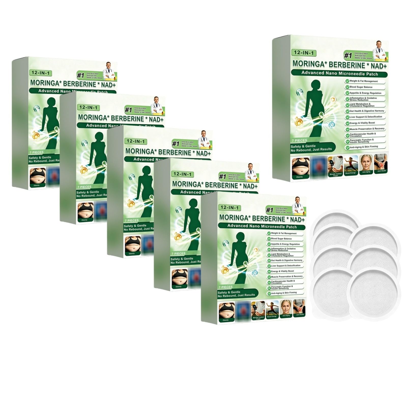 Moringa x Berberine Patch 12 en 1, Patch Nano Microneedle Minceur, Ingrédients Naturels, Facile à Appliquer, Invisible Sous les Vêtements, Idéal pour Homme et Femme