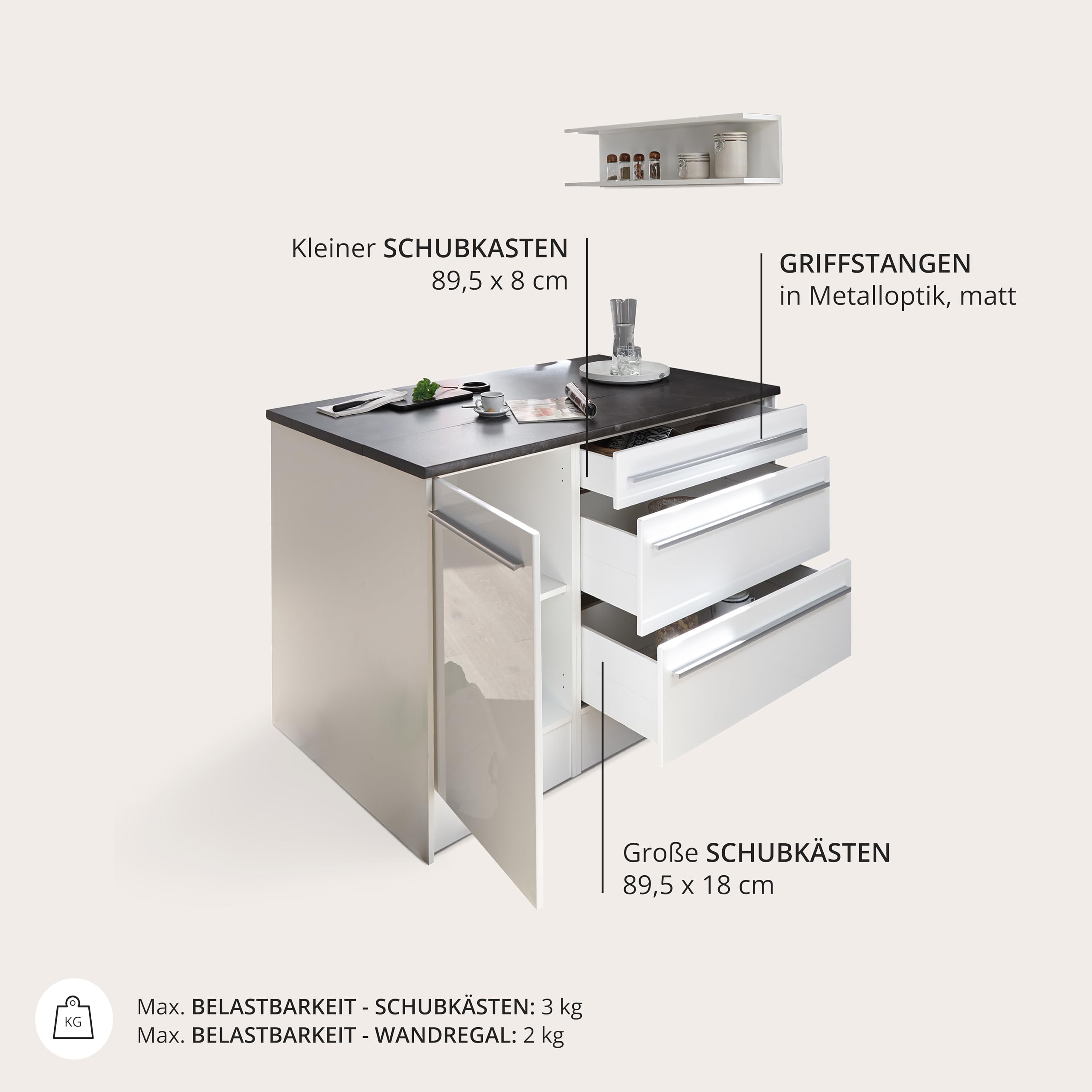 JAZZ Moderne Kücheninsel mit Arbeitsplatte freistehend in Weiß Hochglanz, Steingrau - Geräumiger Küchenschrank - 145 x 90 x 90 cm (B/H/T)