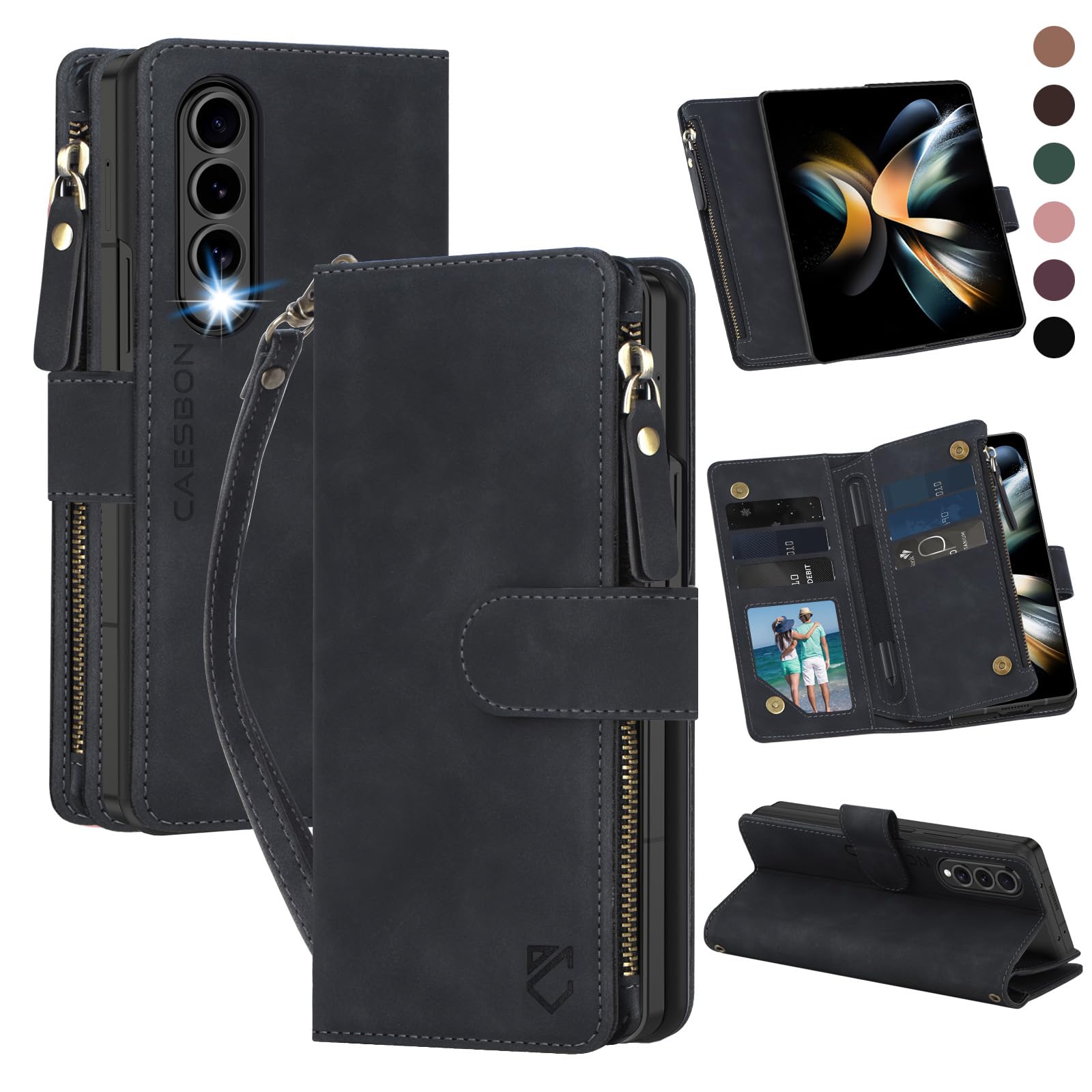 CAESBON for Samsung Galaxy-Z-Fold-4 Wallet Case: with RFID Blocking Card Slots (6 Cards) & Hidden S Pen Holder | Soft PU Leather Magnetic Snap Zipper